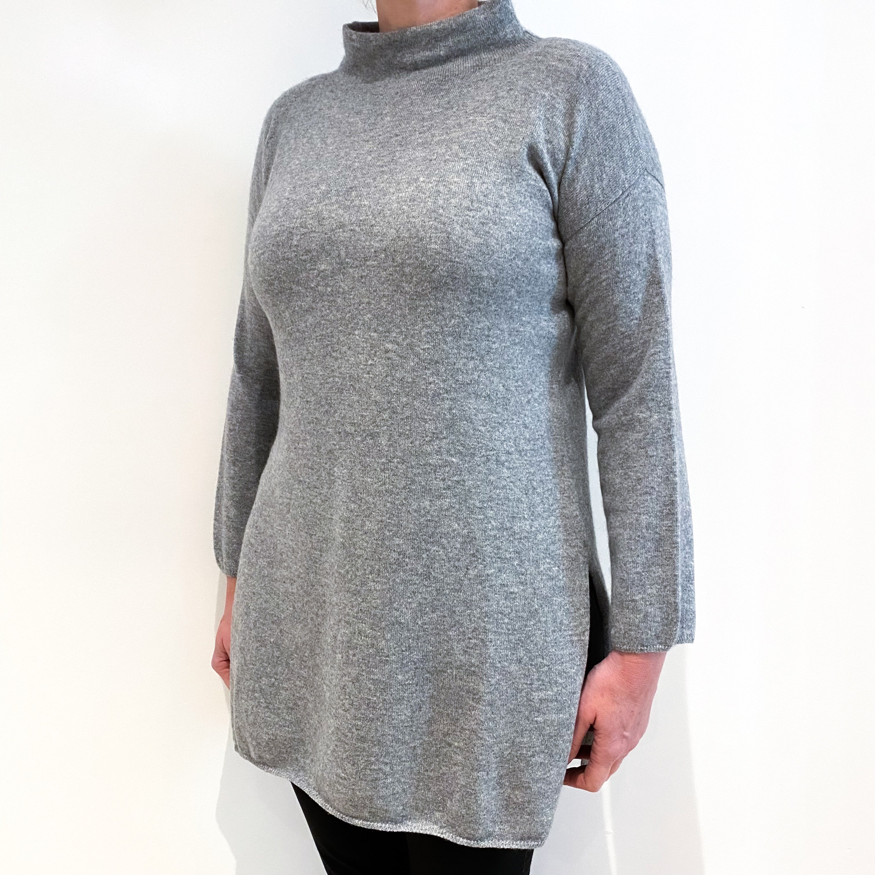 Smoke Grey Cashmere Funnel Neck Tunic Jumper Large
