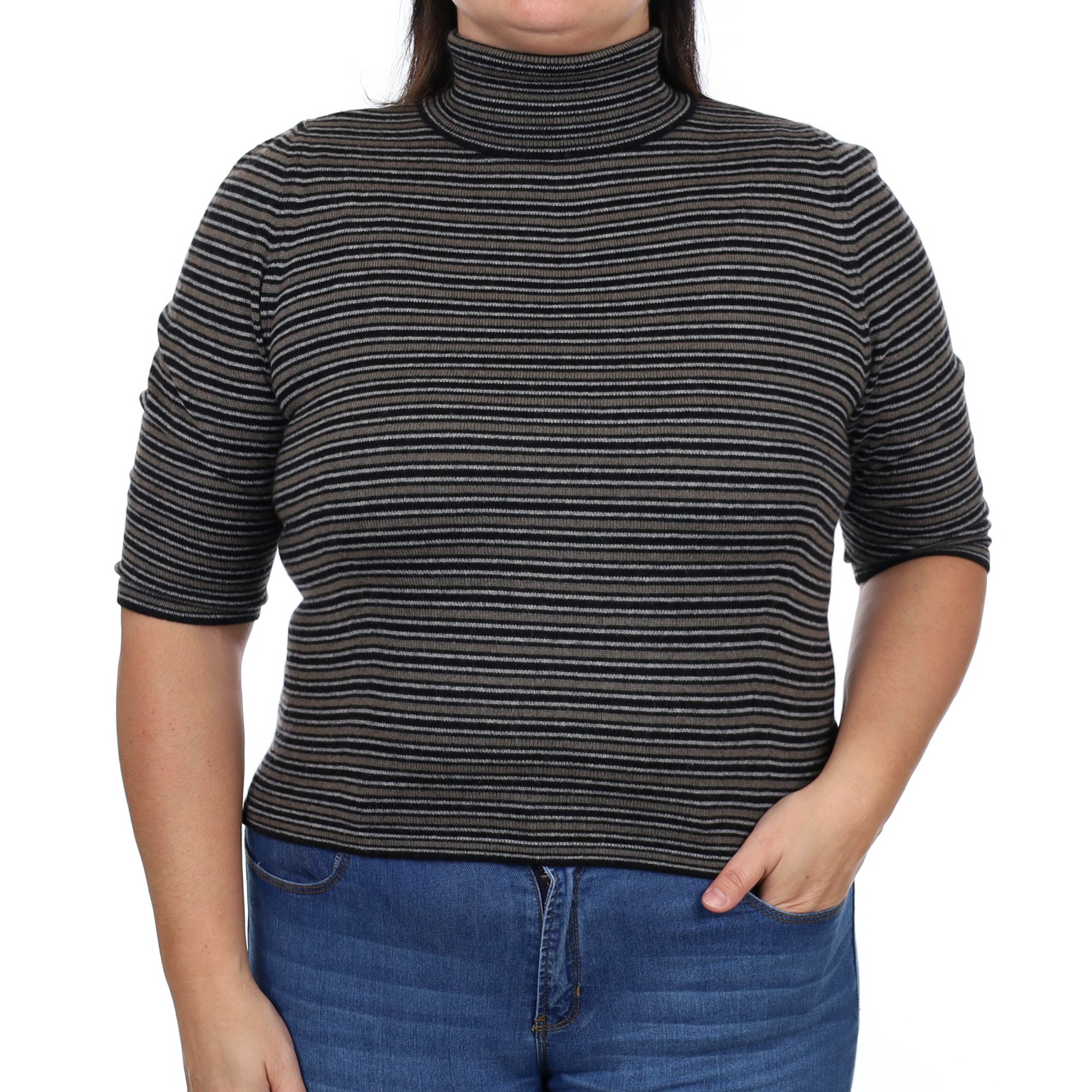 Black and Mocha Striped Cashmere Polo Neck Short Sleeved Jumper Large