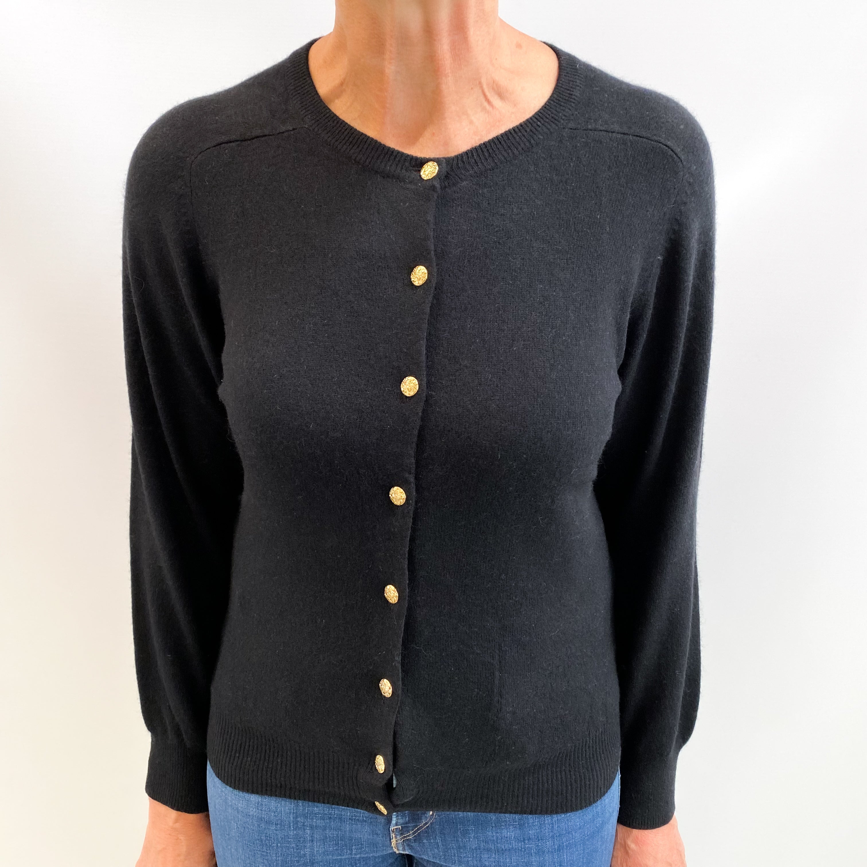 Black Cashmere Crew Neck Cardigan Medium