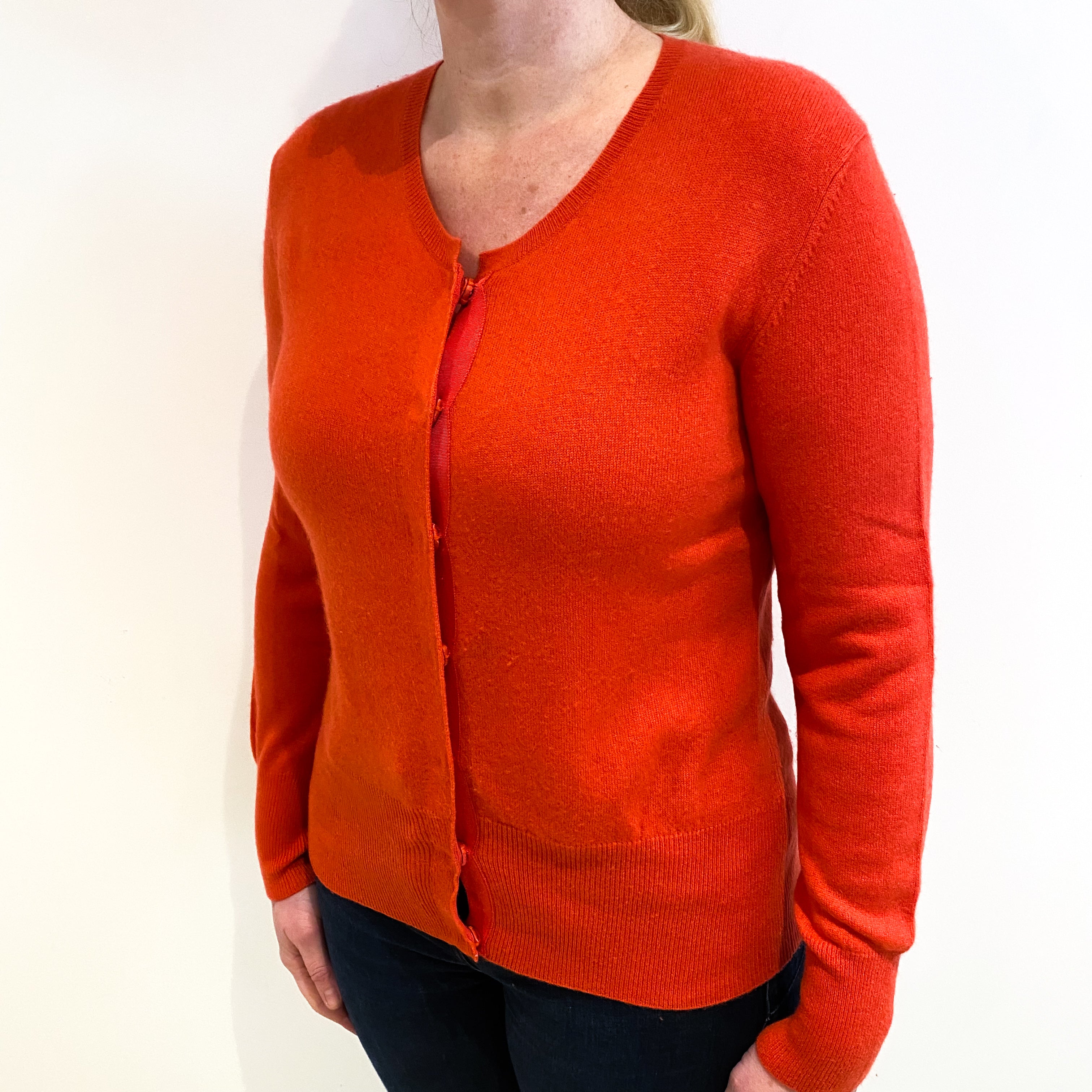 Tangerine Orange Cashmere Crew Neck Cardigan Large