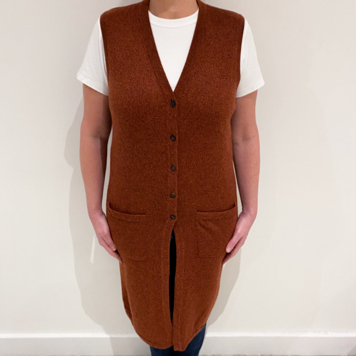 Rust Red Marl Cashmere Longline Sleeveless Cardigan Large