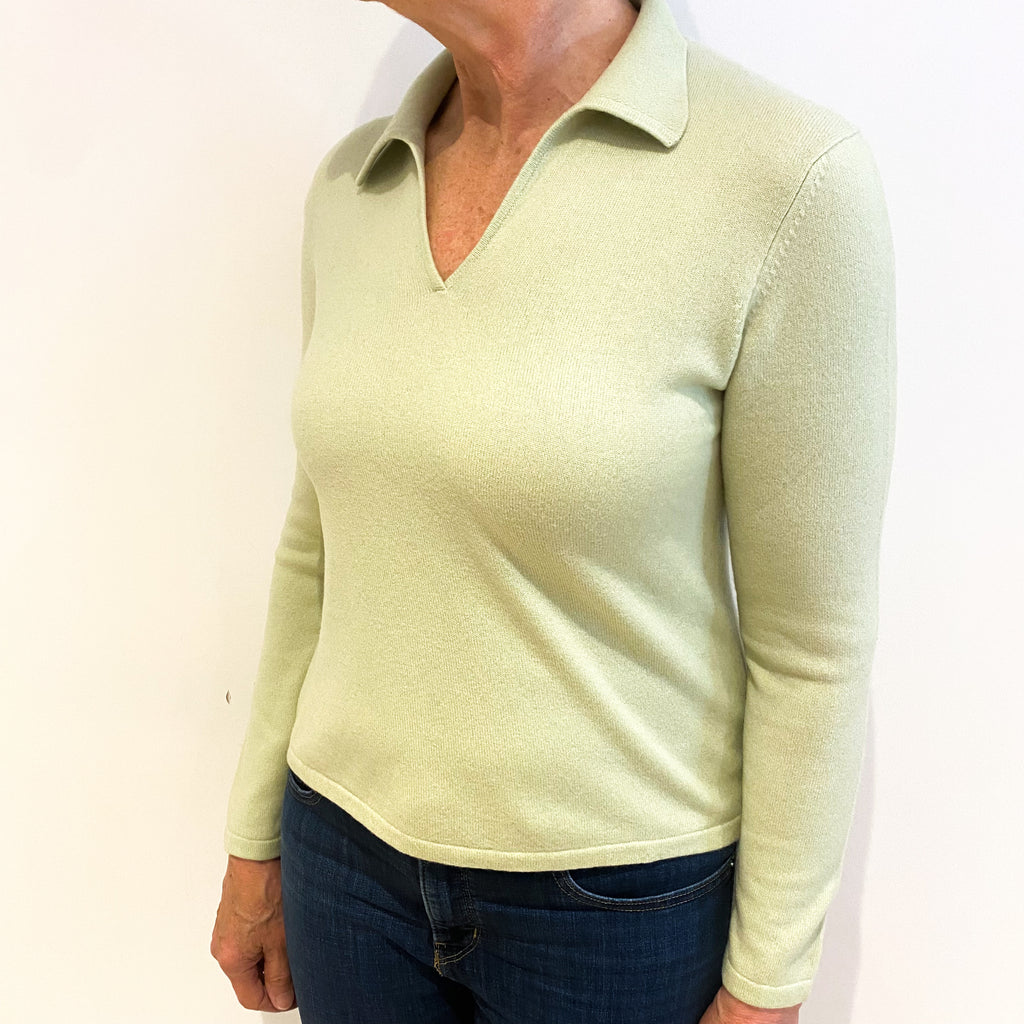 Soft Lime Green Cashmere Collared V Neck Jumper Medium