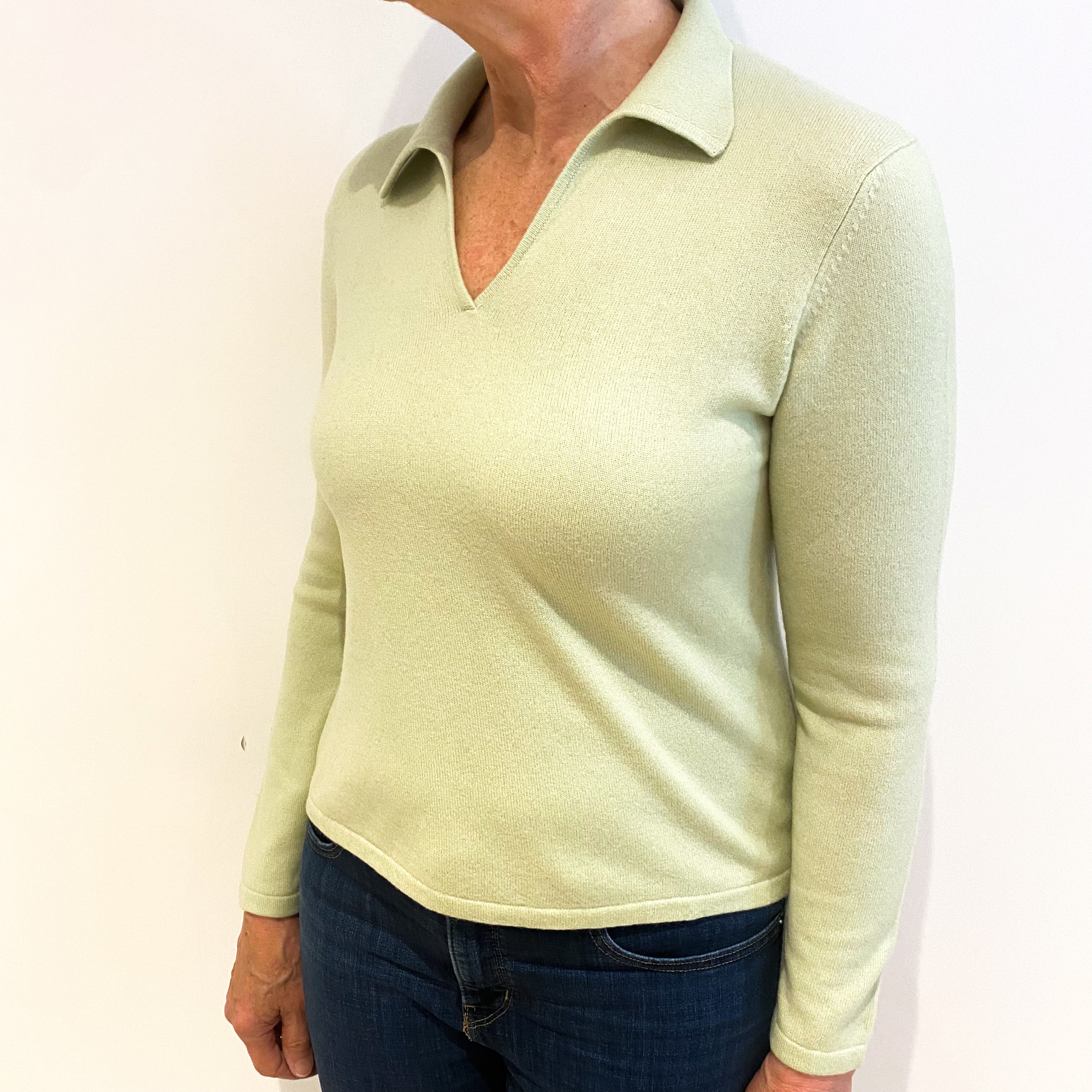 Soft Lime Green Cashmere Collared V Neck Jumper Medium