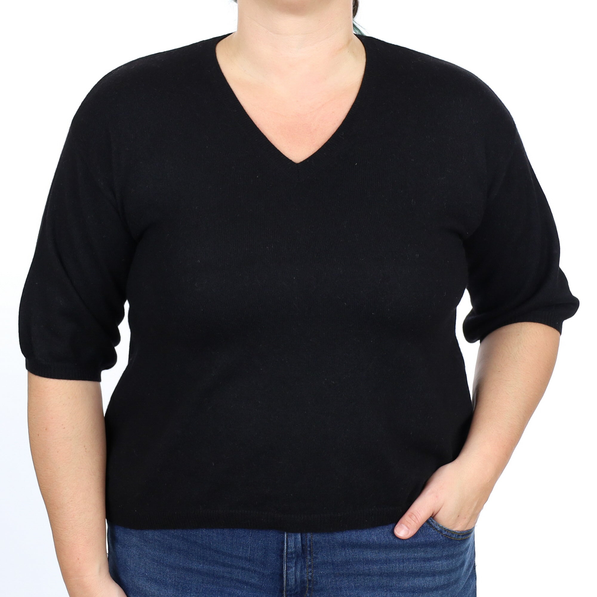 Black Cashmere Short Blouse Sleeve V Neck Jumper Large
