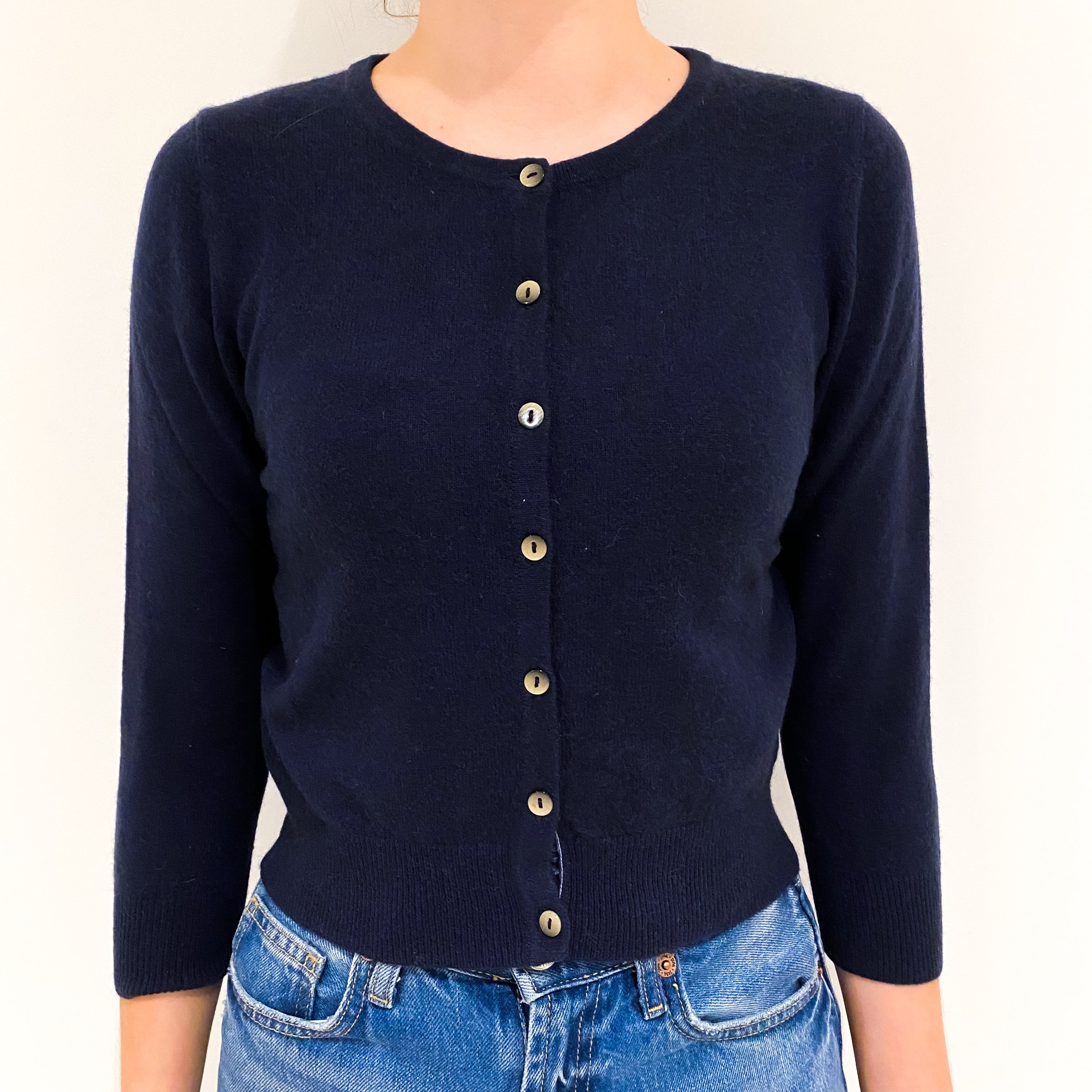 Navy Blue Volk Back Cashmere Crew Neck Cardigan Extra Small