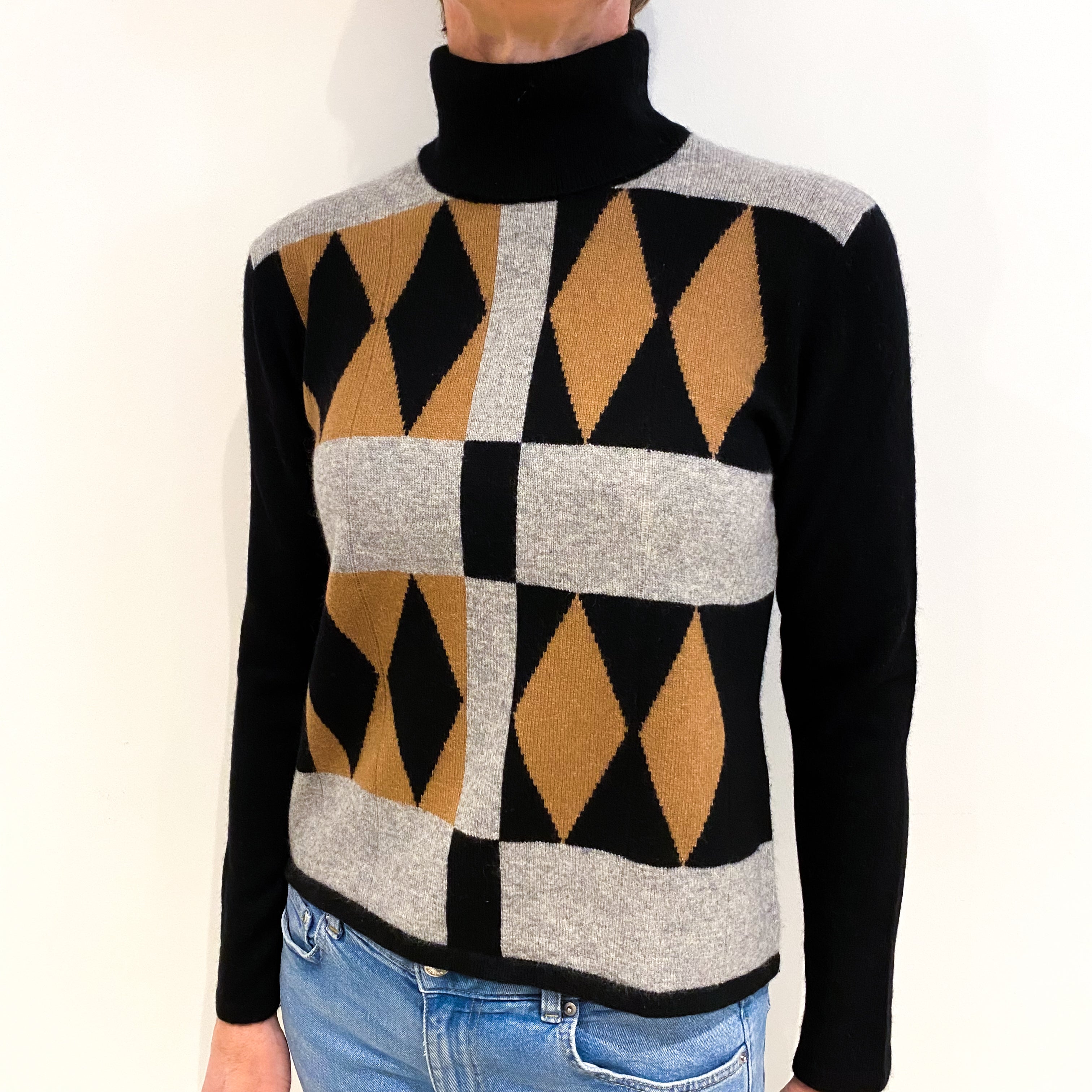 Black Patterned Cashmere Polo Neck Jumper Small