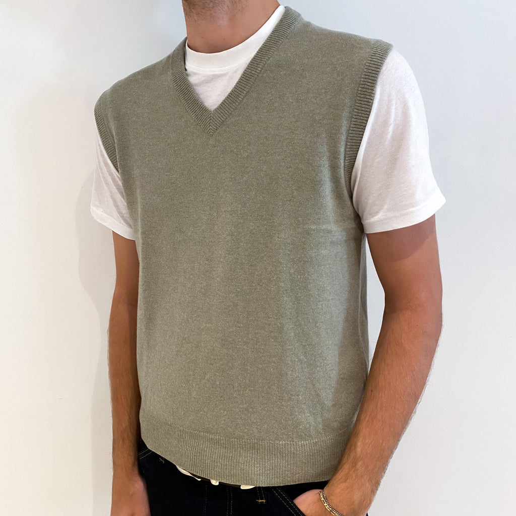 Men's Sage Green Cashmere V-Neck Tank Top Medium