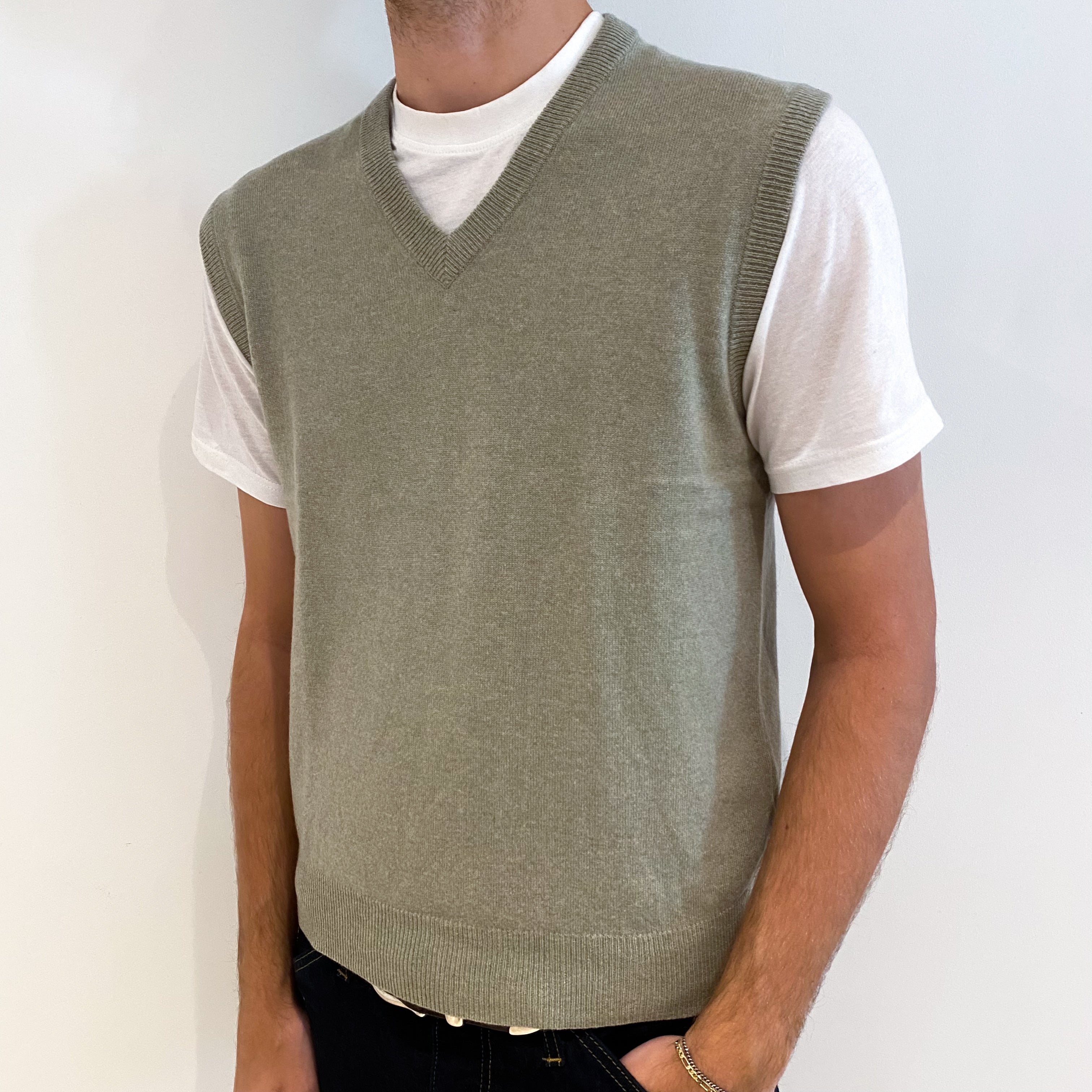 Men's Sage Green Cashmere V-Neck Tank Top Medium