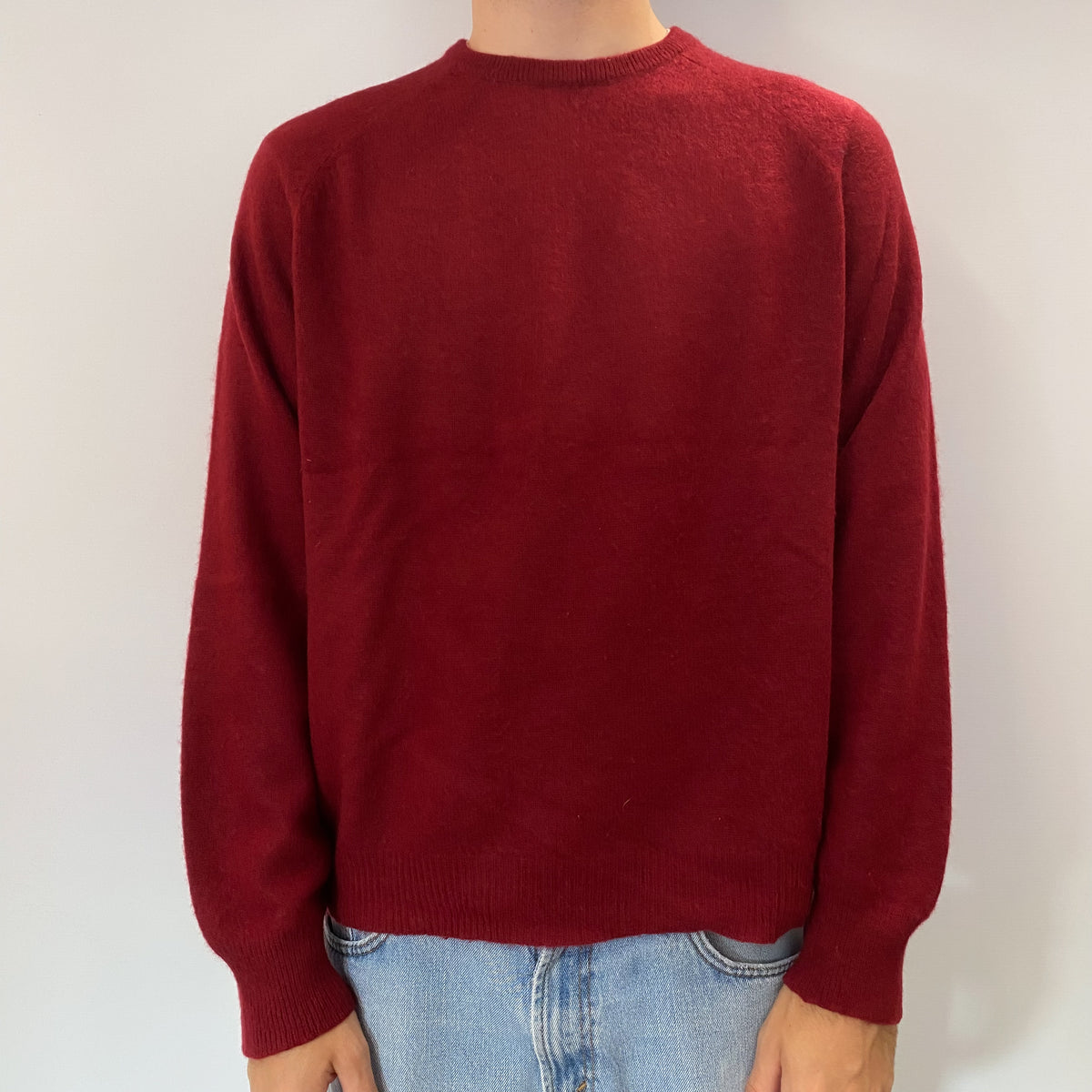 Men's Burgundy Red Cashmere Crew Neck Jumper Large