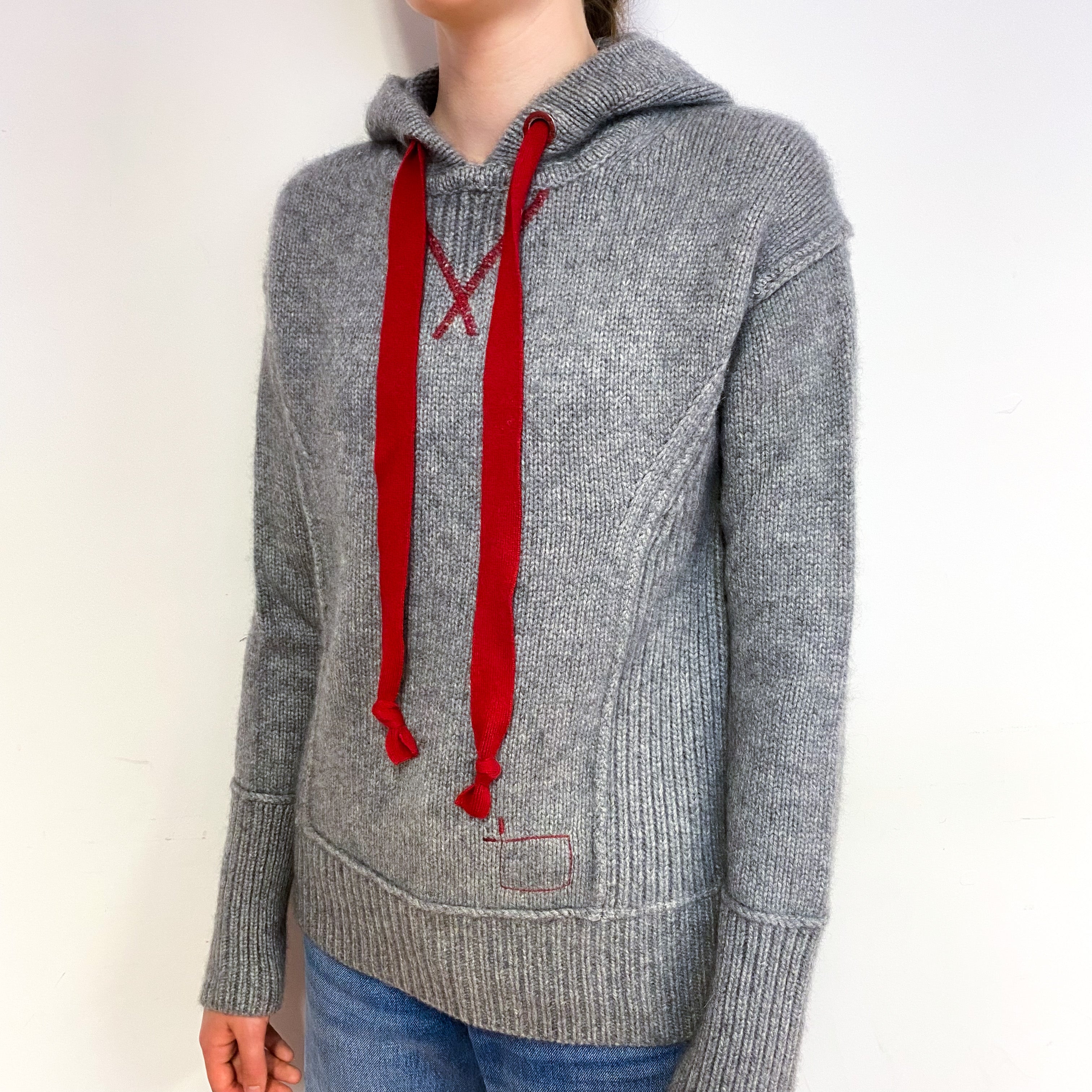 Steel Grey Red Trim Chunky Cashmere Hoodie Jumper Extra Small