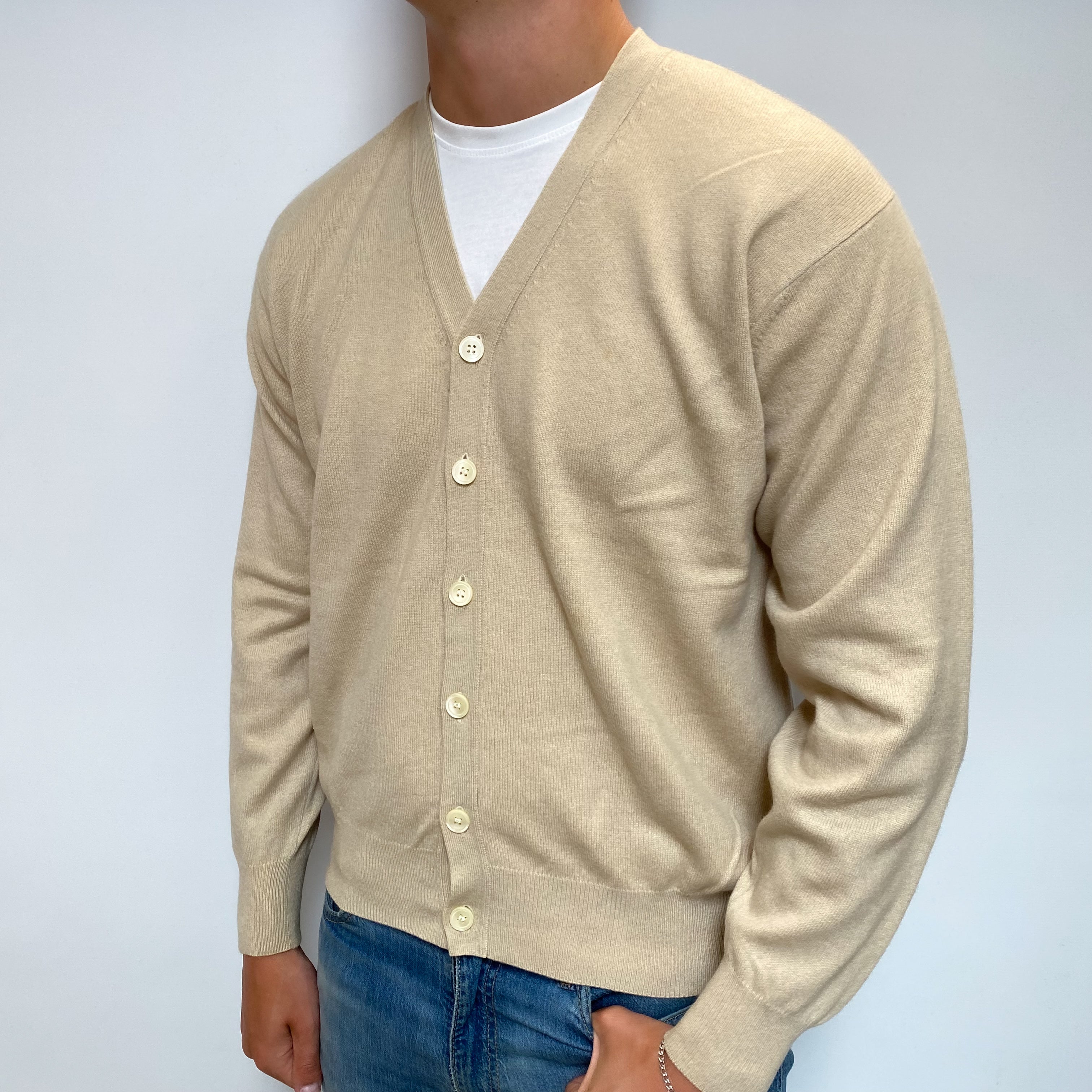 Men's Honey Beige Cashmere V Neck Cardigan XL