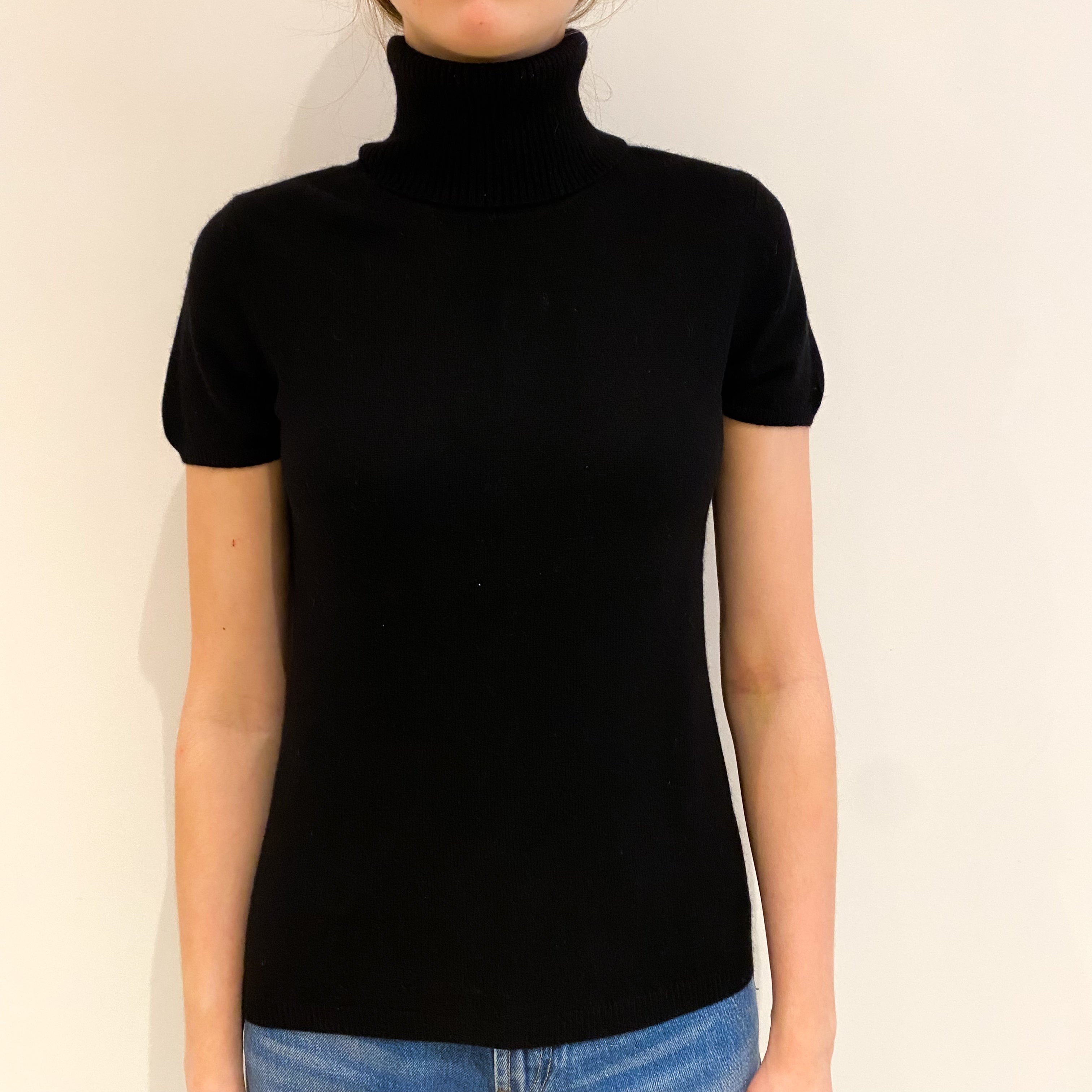 Black Cashmere Short Sleeved Polo Neck Jumper Extra Small