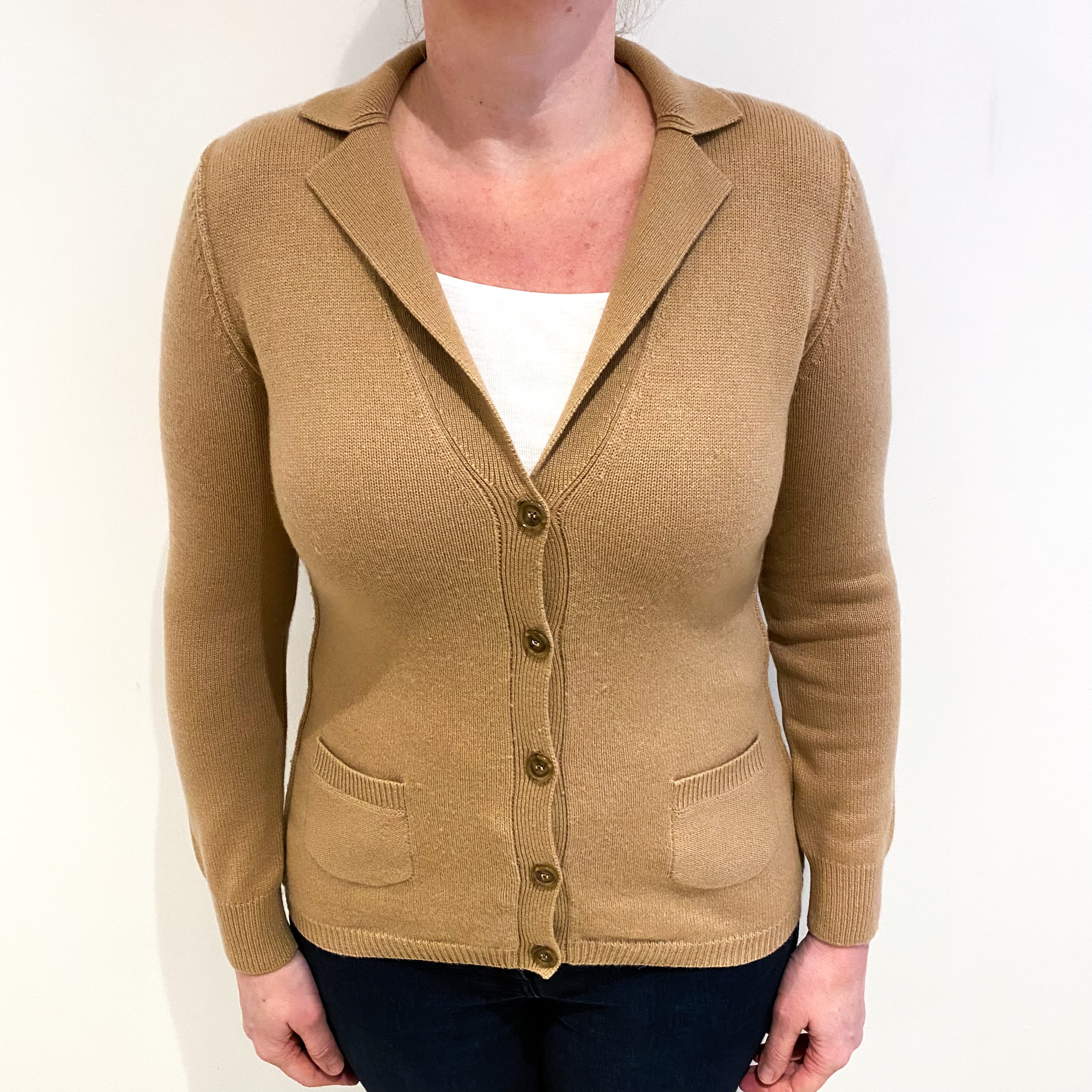 Caramel Brown Cashmere Collared V Neck Cardigan Large