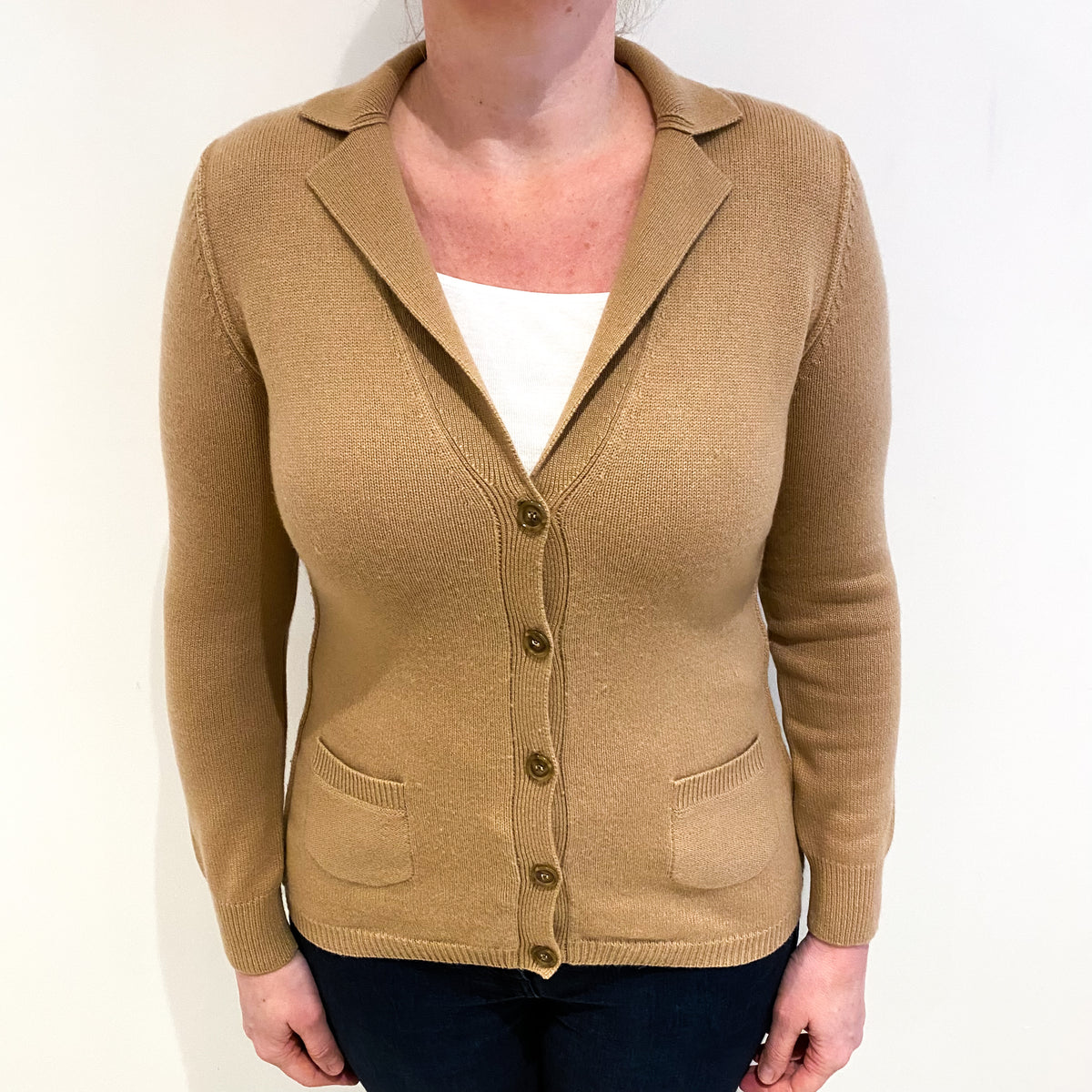 Caramel Brown Cashmere Collared V Neck Cardigan Large
