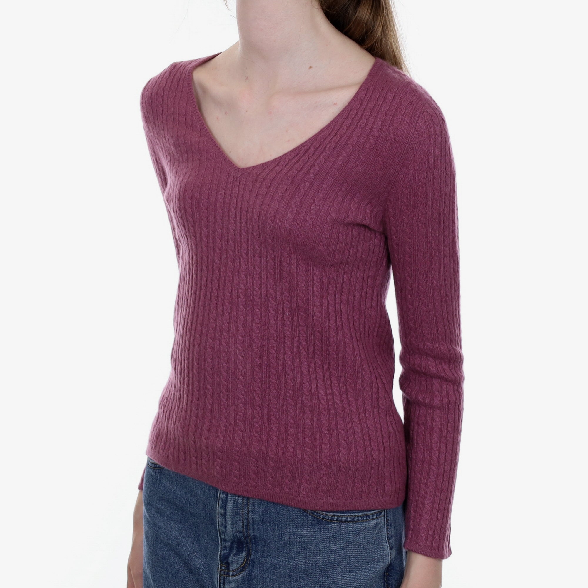 Heather Purple Cable Cashmere V Neck Jumper Extra Small