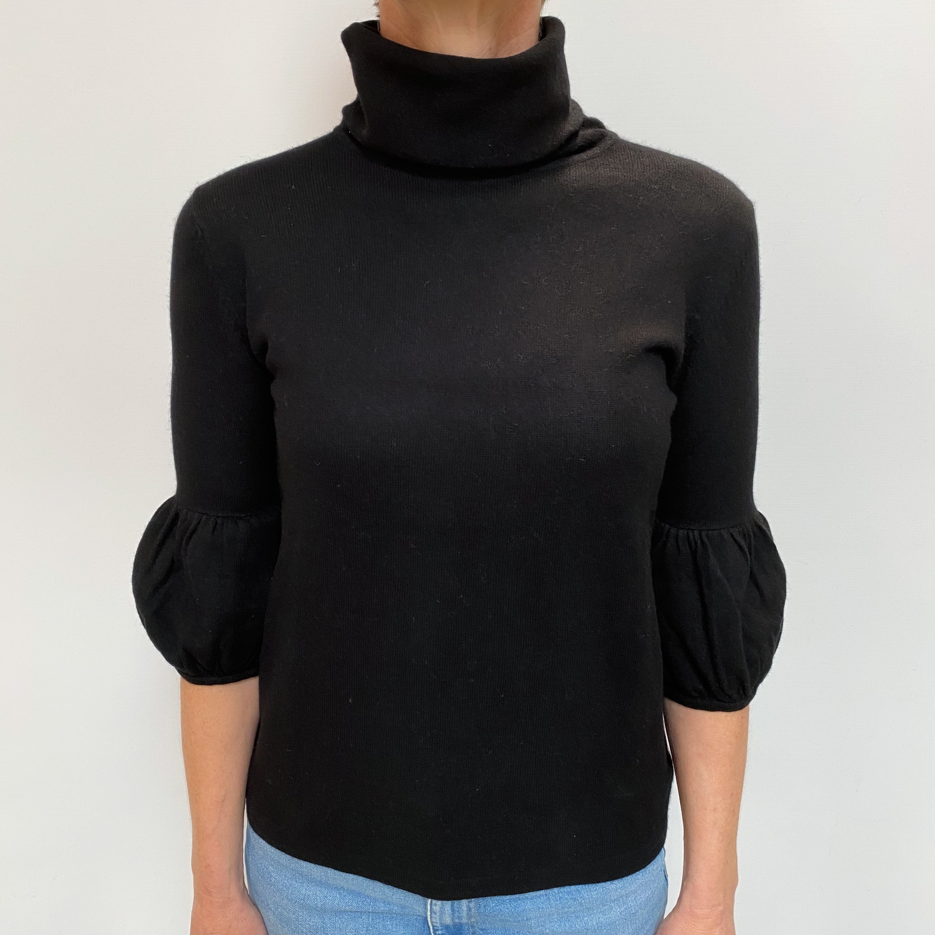 Black Cashmere Balloon Sleeve Polo Neck Jumper Small