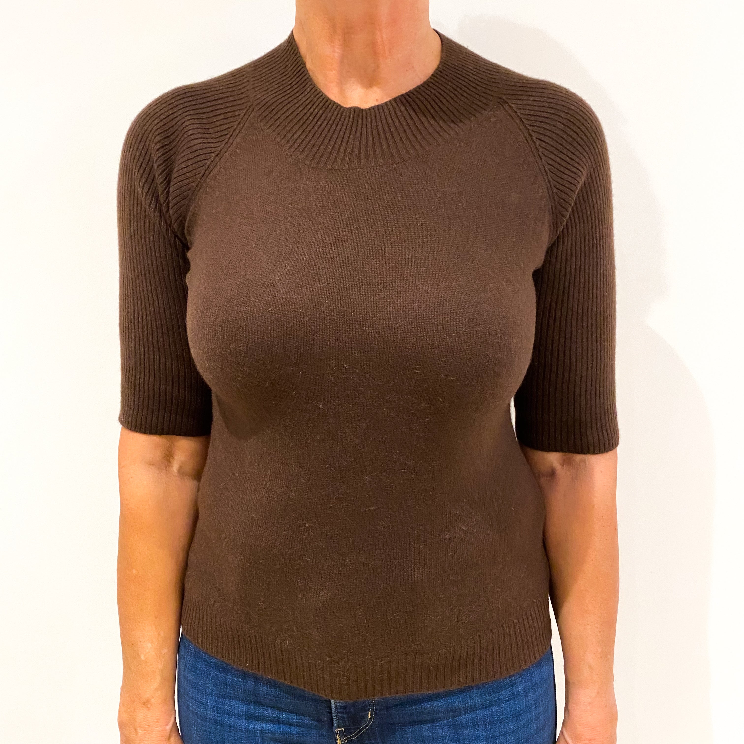 Chocolate Brown 1/2 Ribbed Sleeves Cashmere Polo Neck Jumper Medium