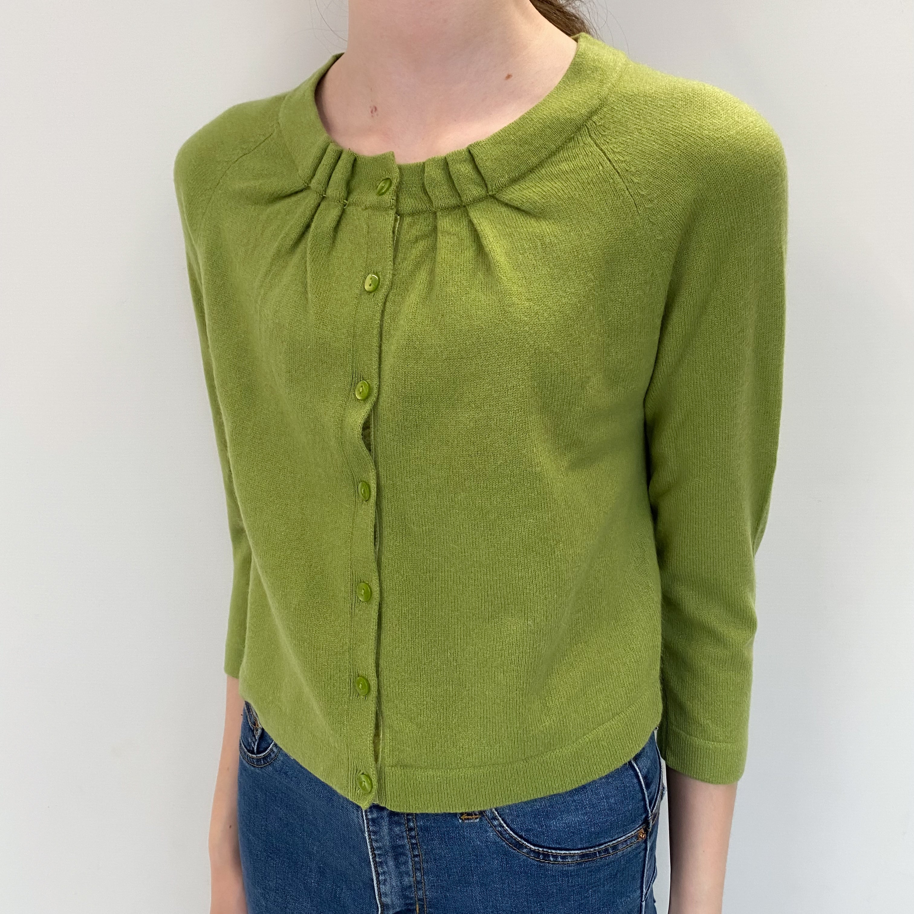 Pear Green Cashmere Gathered Crew Cardigan Extra Small