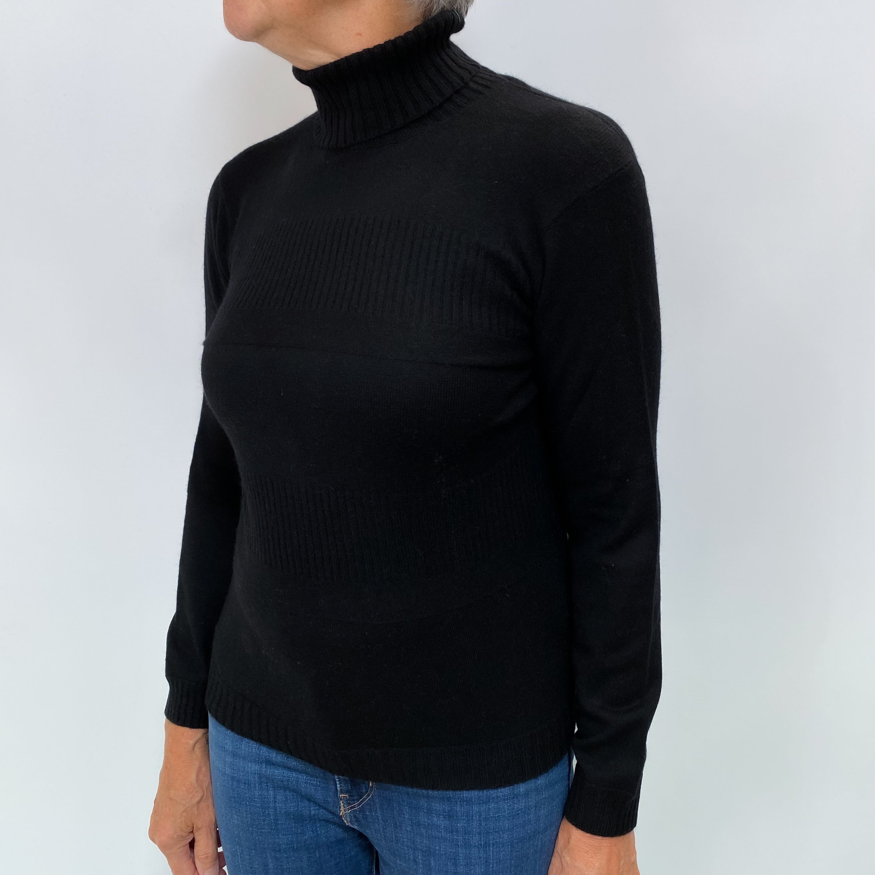 Black Cashmere Polo Neck Rib Jumper Medium