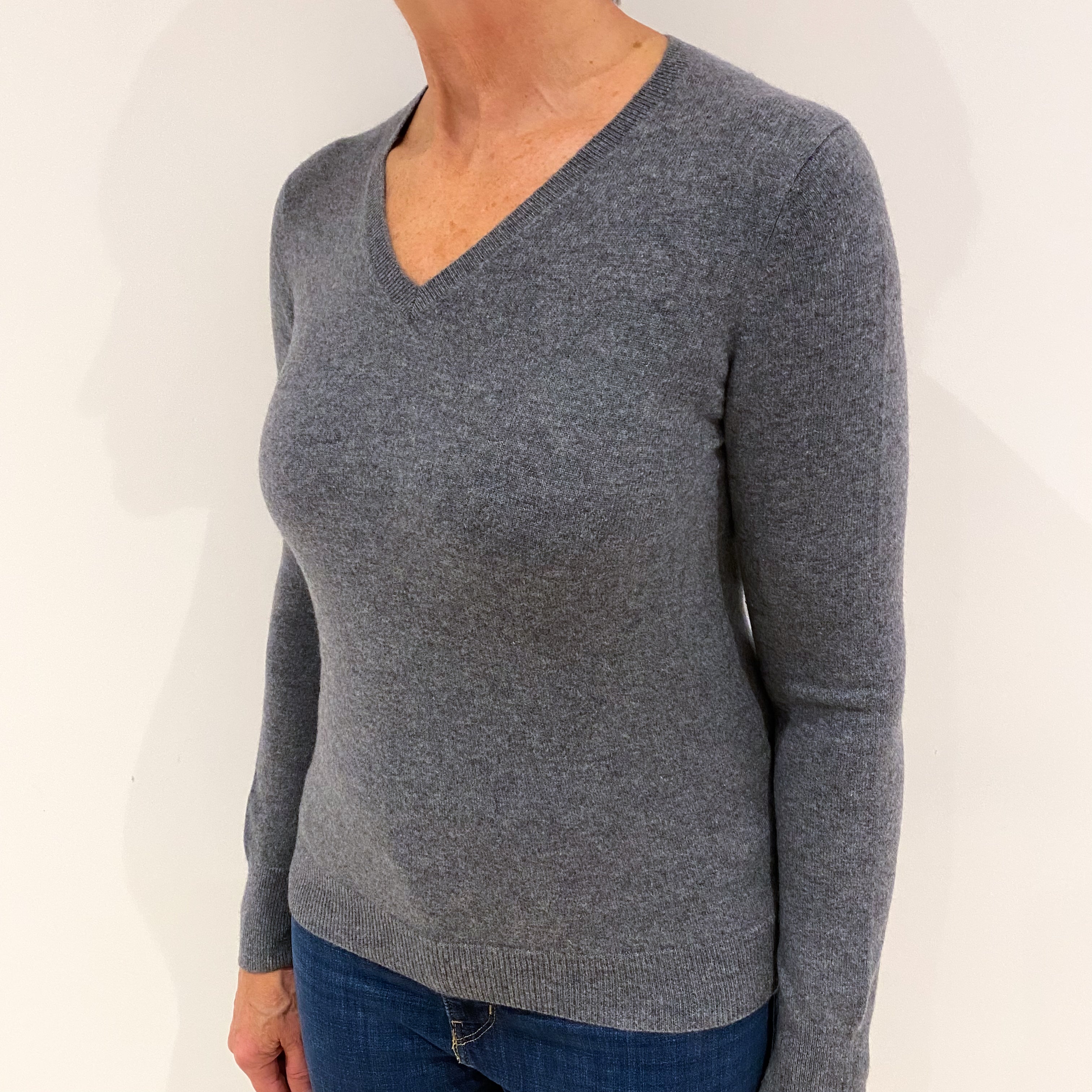 Ash Grey Cashmere V Neck Jumper Medium