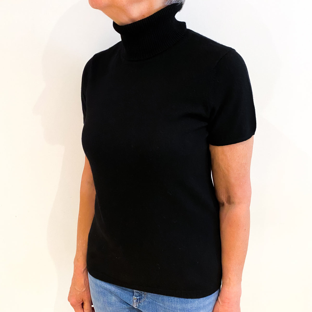 Black Cashmere Polo Neck Short Sleeved Jumper Medium