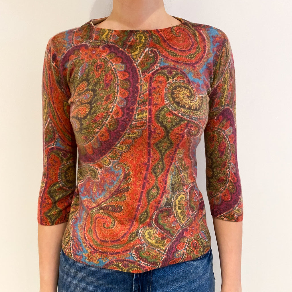 Pink and Green Paisley Cashmere Crew Neck Jumper Extra Small