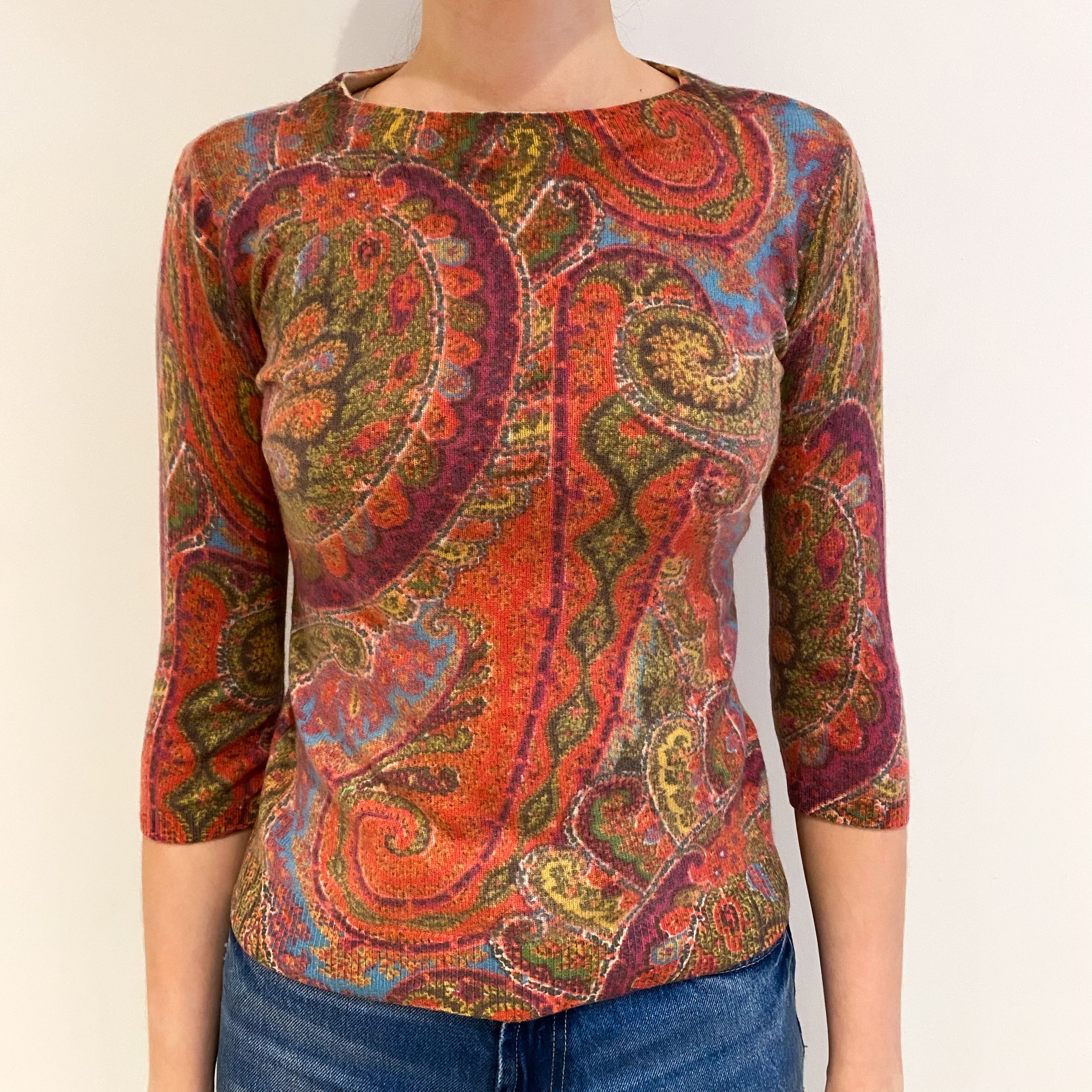 Pink and Green Paisley Cashmere Crew Neck Jumper Extra Small