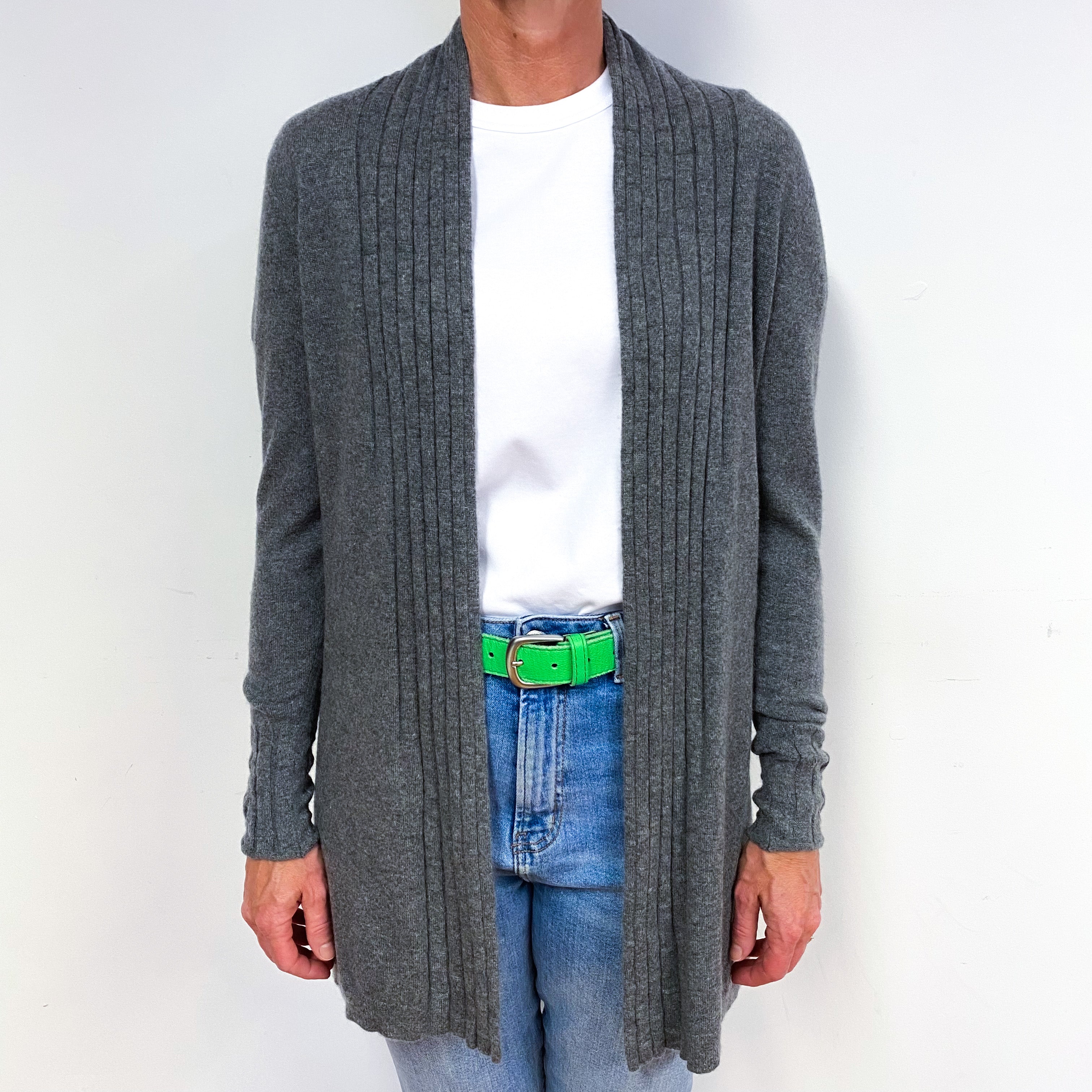 Slate Grey 3/4 Sleeve Cashmere Edge To Edge Cardigan Medium