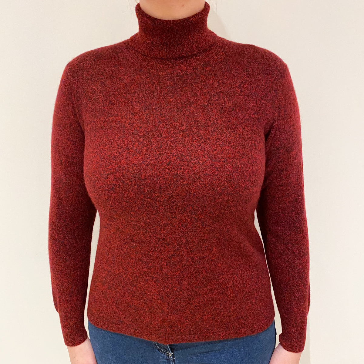 Red and Black Marl Cashmere Polo Neck Jumper Large
