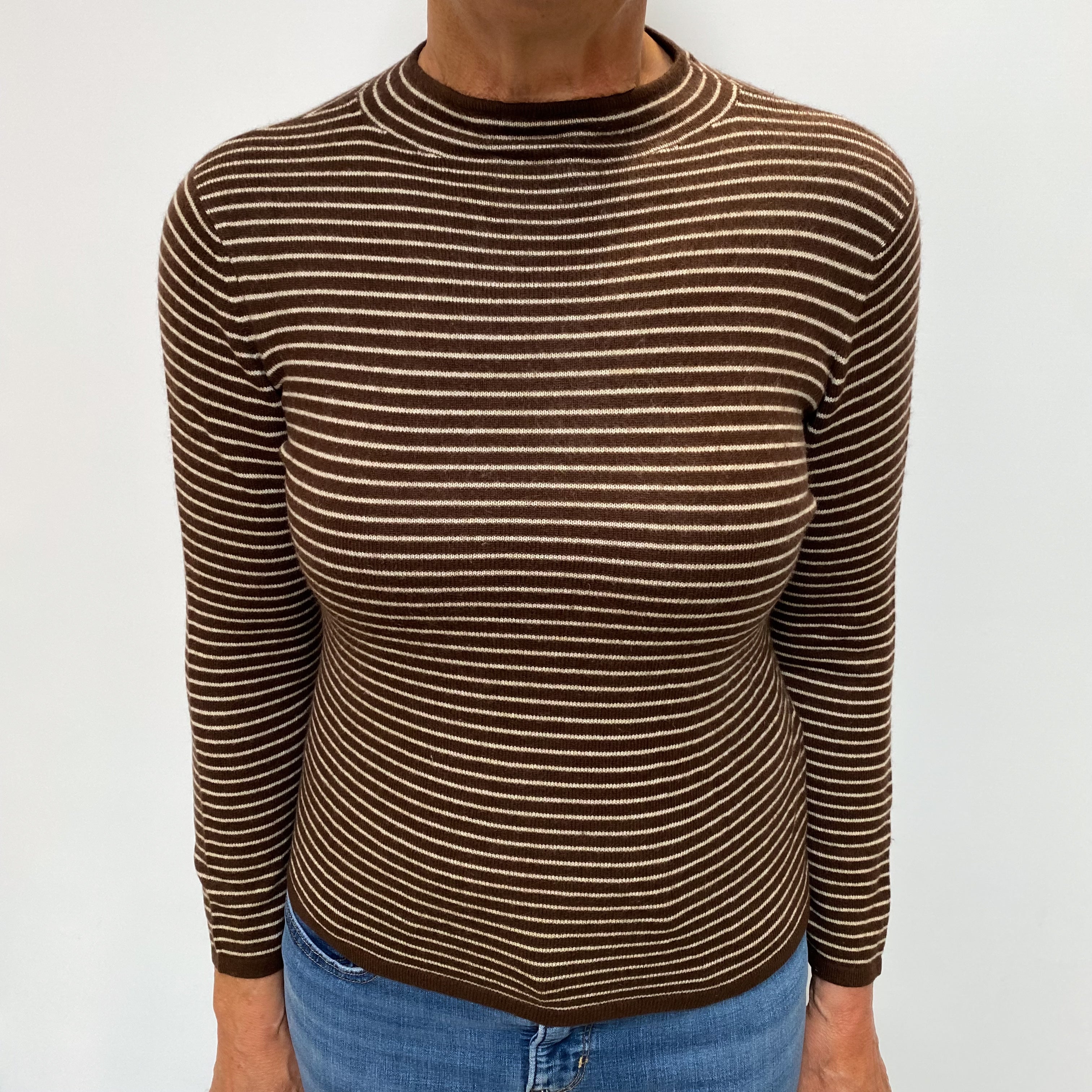Dark Chocolate Striped Cashmere Polo Neck Jumper Medium