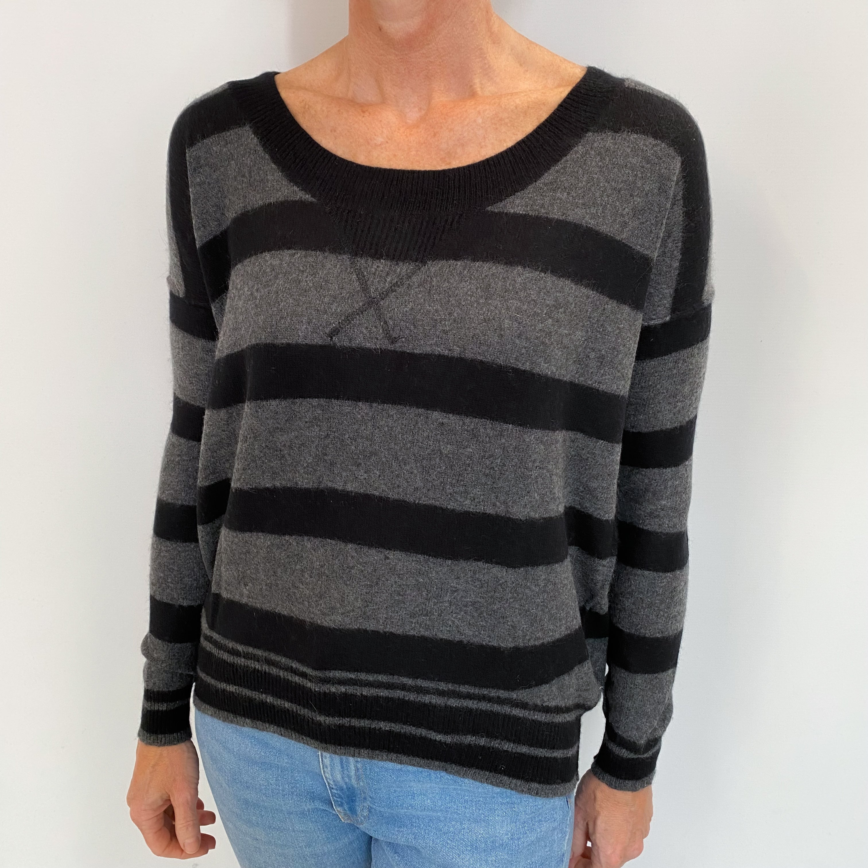 Black And Grey Striped Cashmere Wide Crew Neck Jumper Small