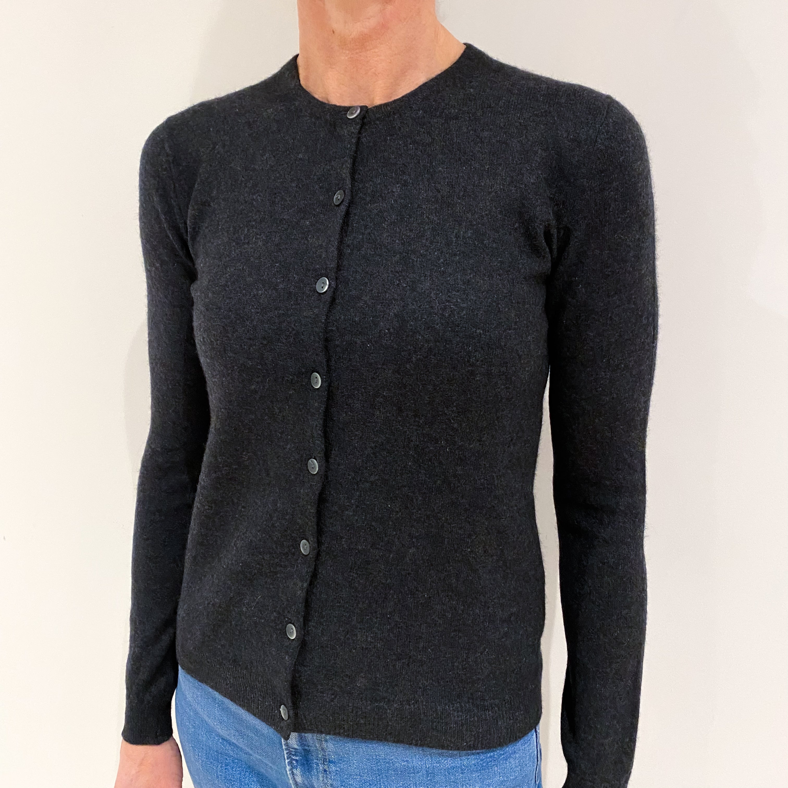 Charcoal Grey Cashmere Crew Neck Cardigan Small