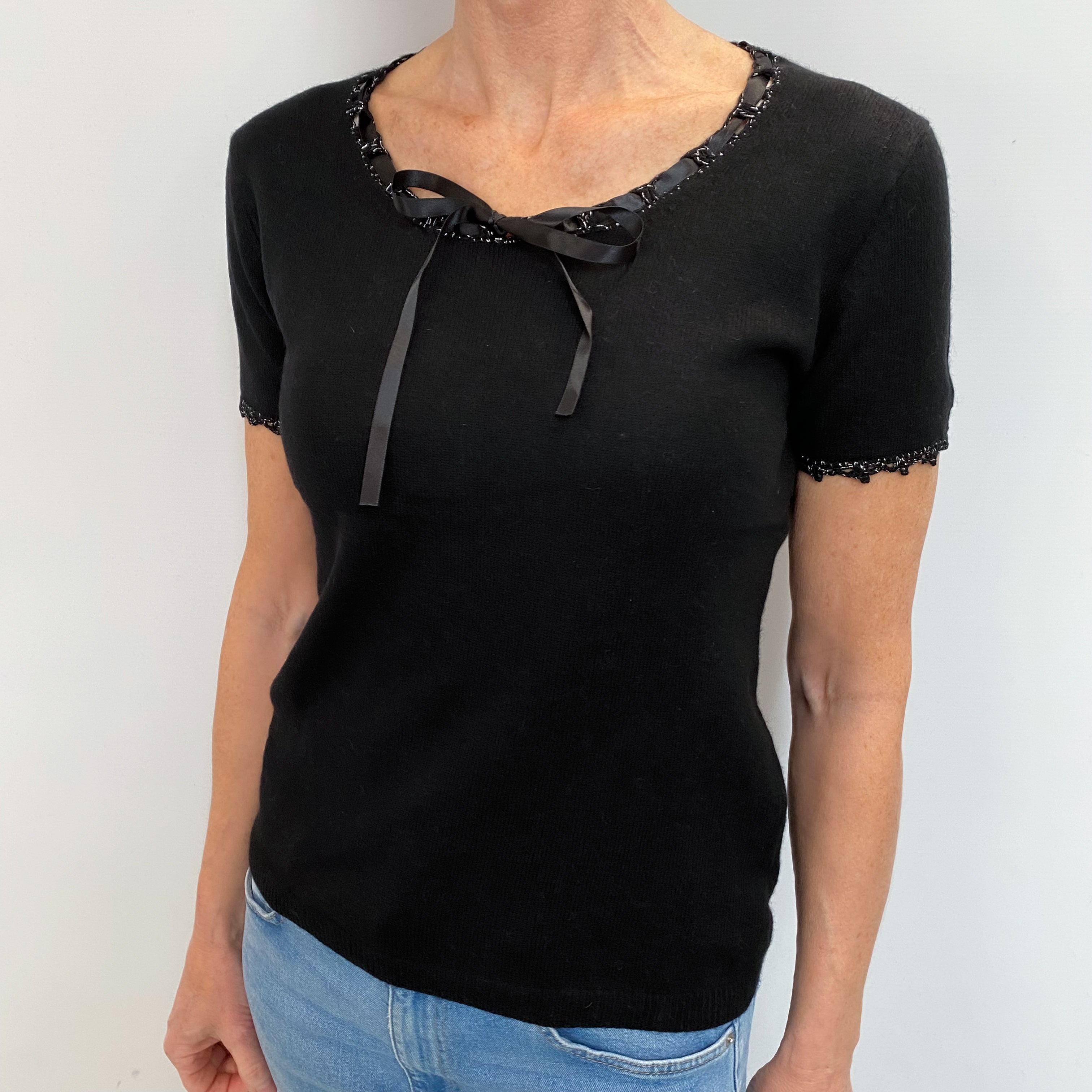Black Cashmere Short Sleeved Crew Neck Jumper Small