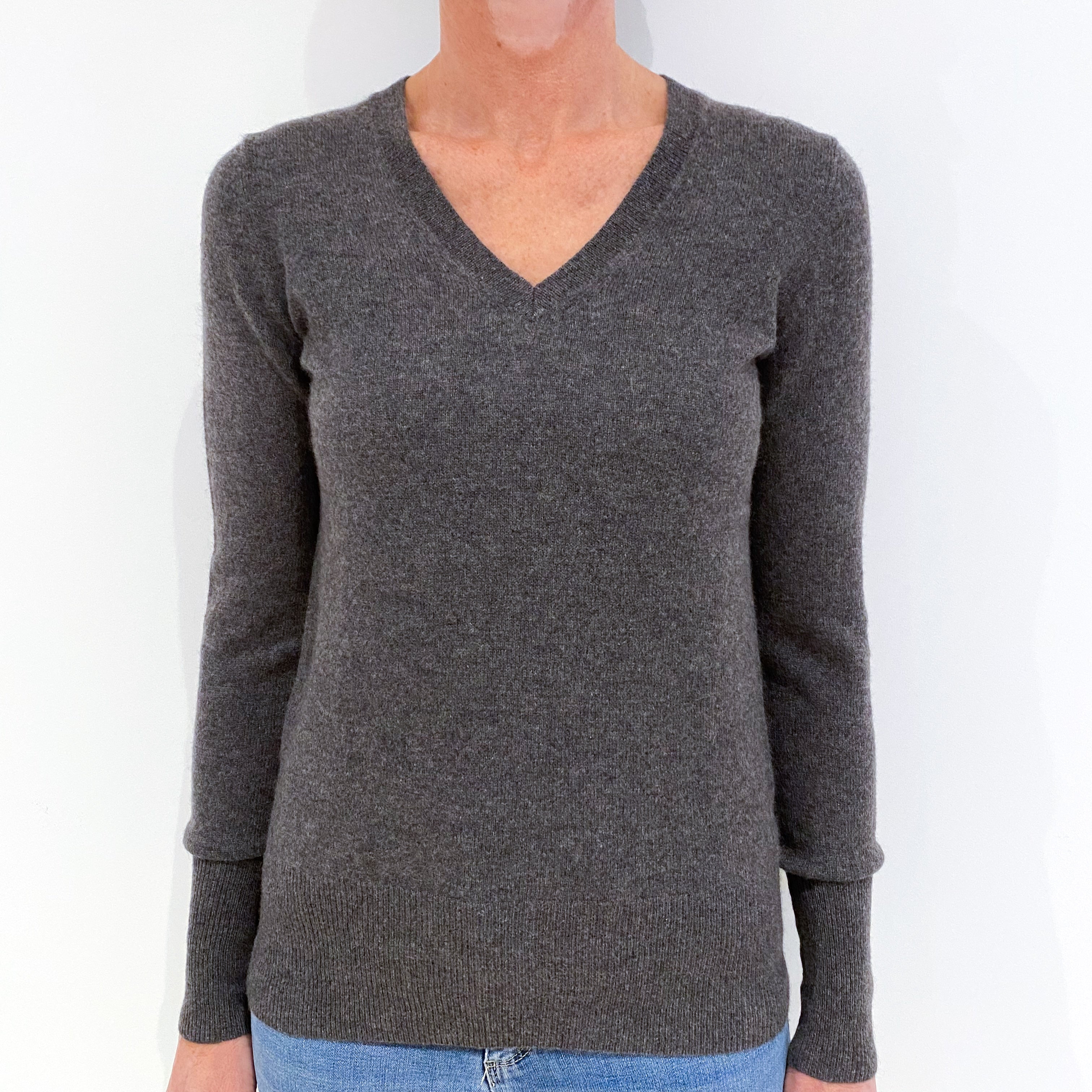 Slate Grey Cashmere V-Neck Jumper Small