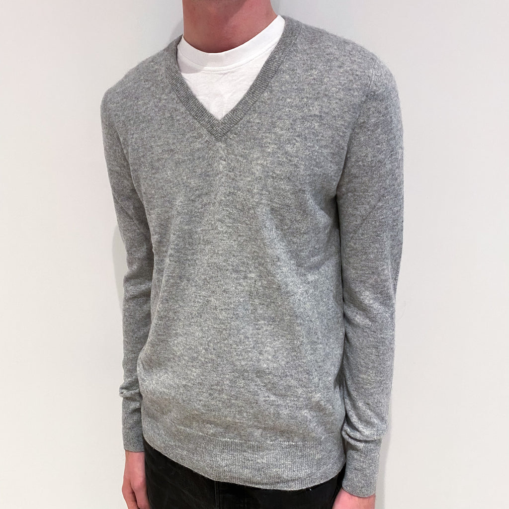 Men's Smoke Grey Cashmere V-Neck Jumper Small