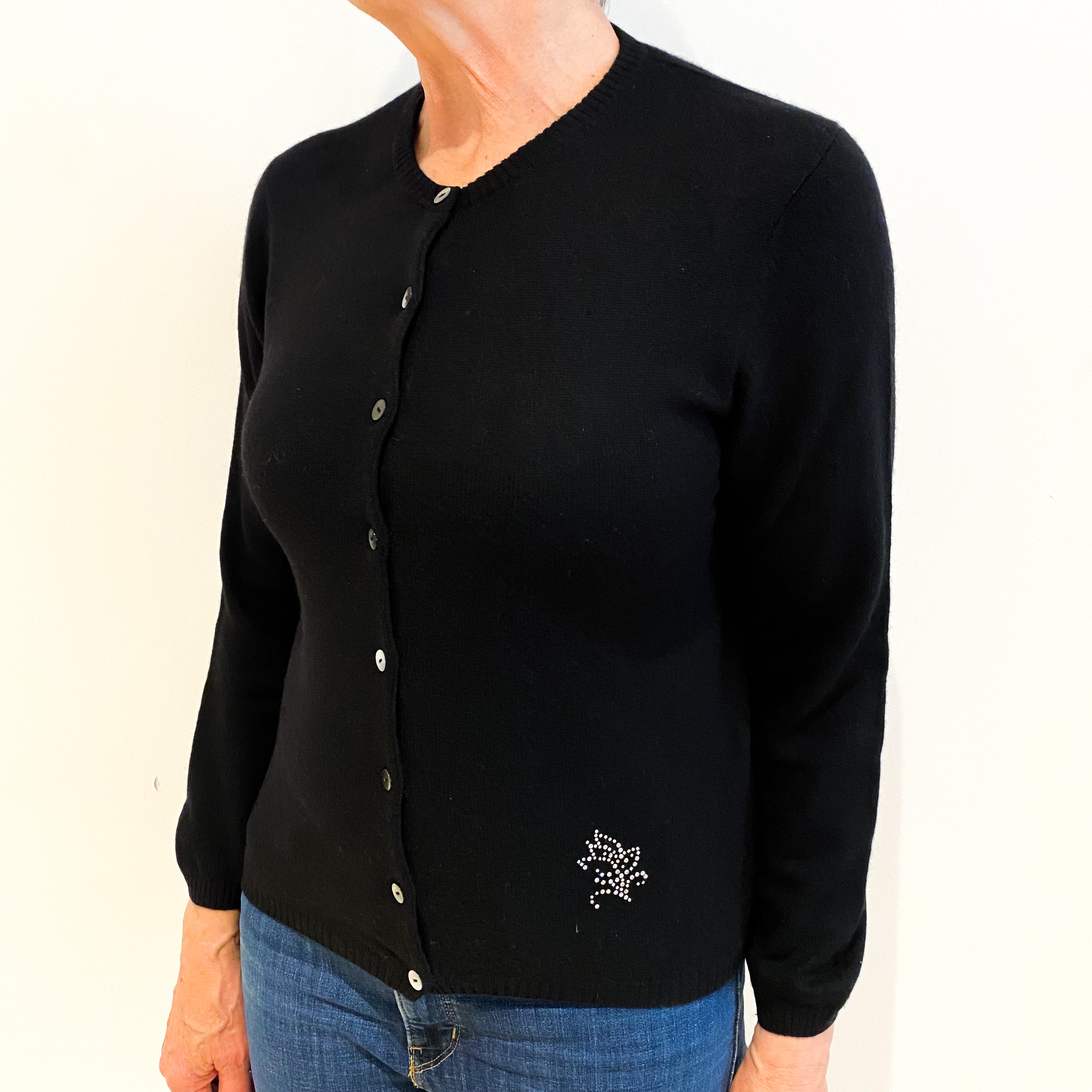 Black Cashmere Crew Neck Cardigan Medium