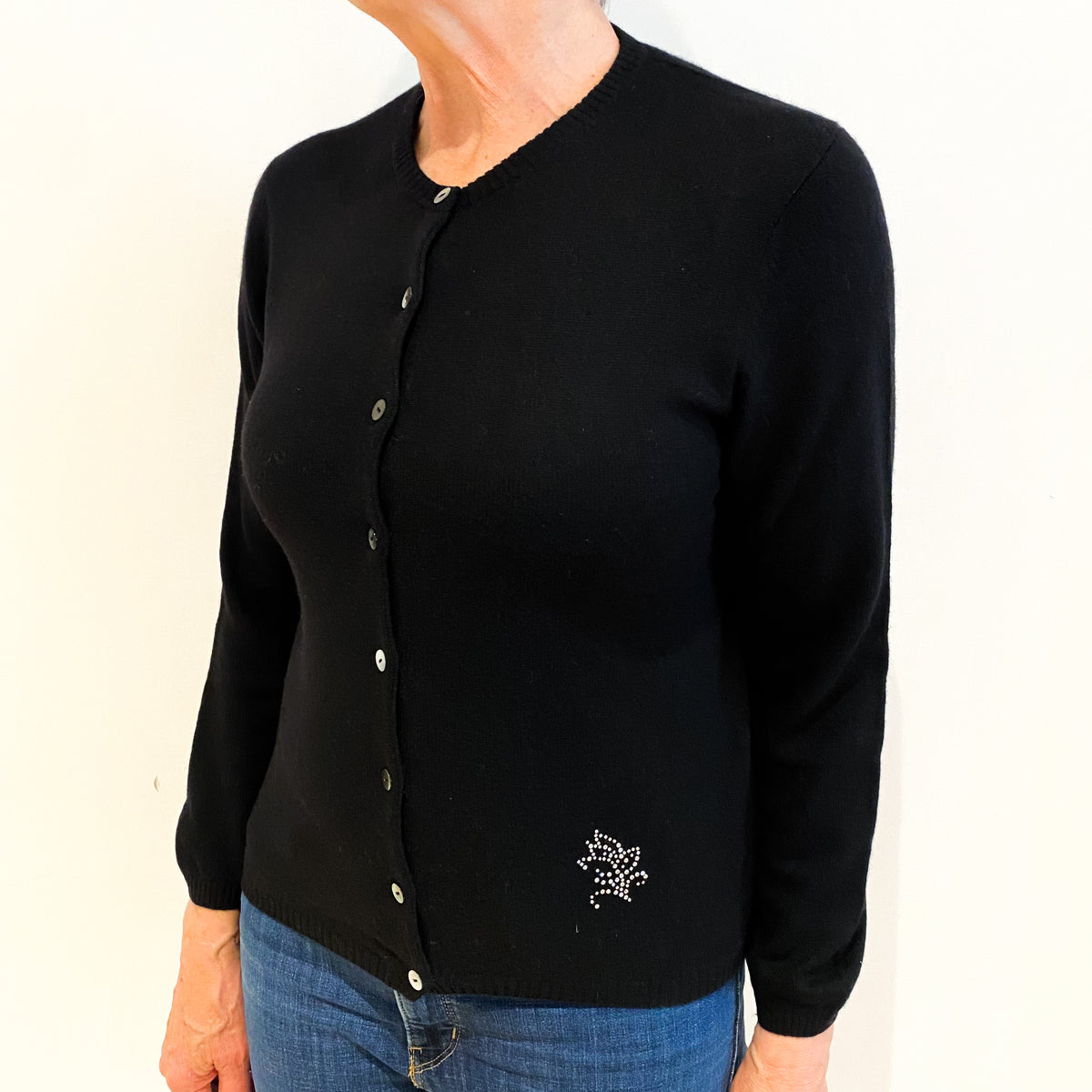 Black Cashmere Crew Neck Cardigan Medium