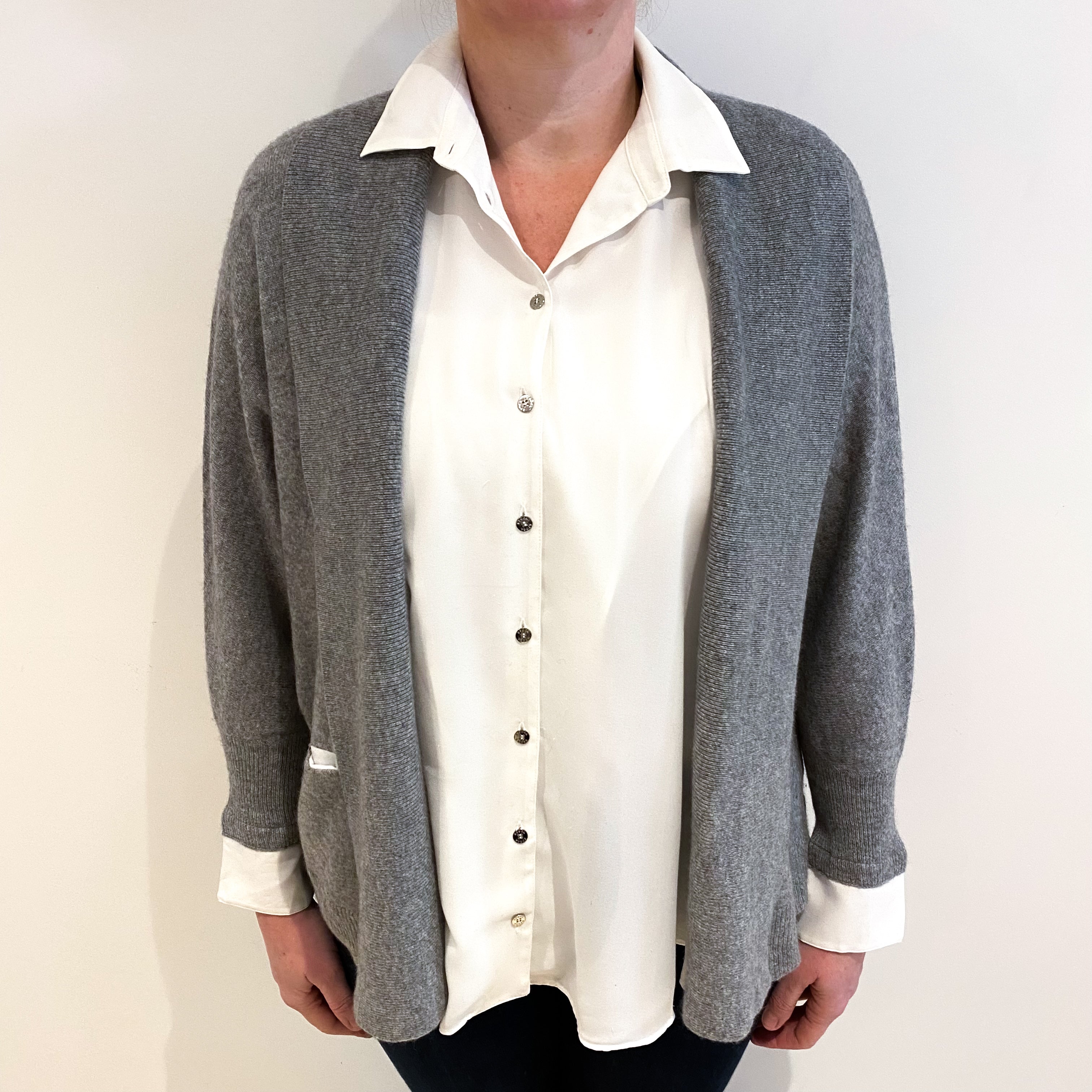 Ash Grey Cashmere Edge To Edge Cardigan With Faux Blouse Large