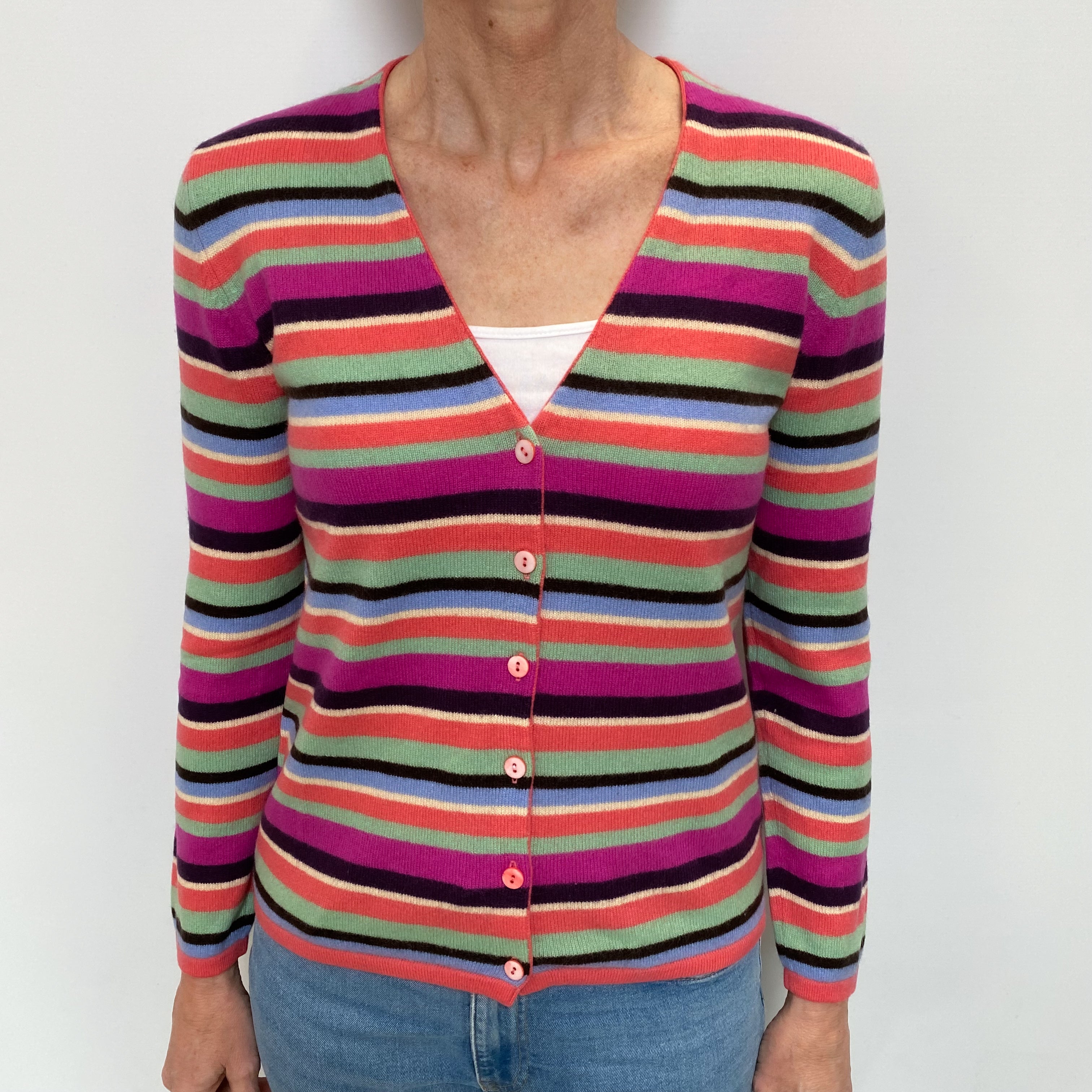 Multicolour Stripe Cashmere V Neck Cardigan Small