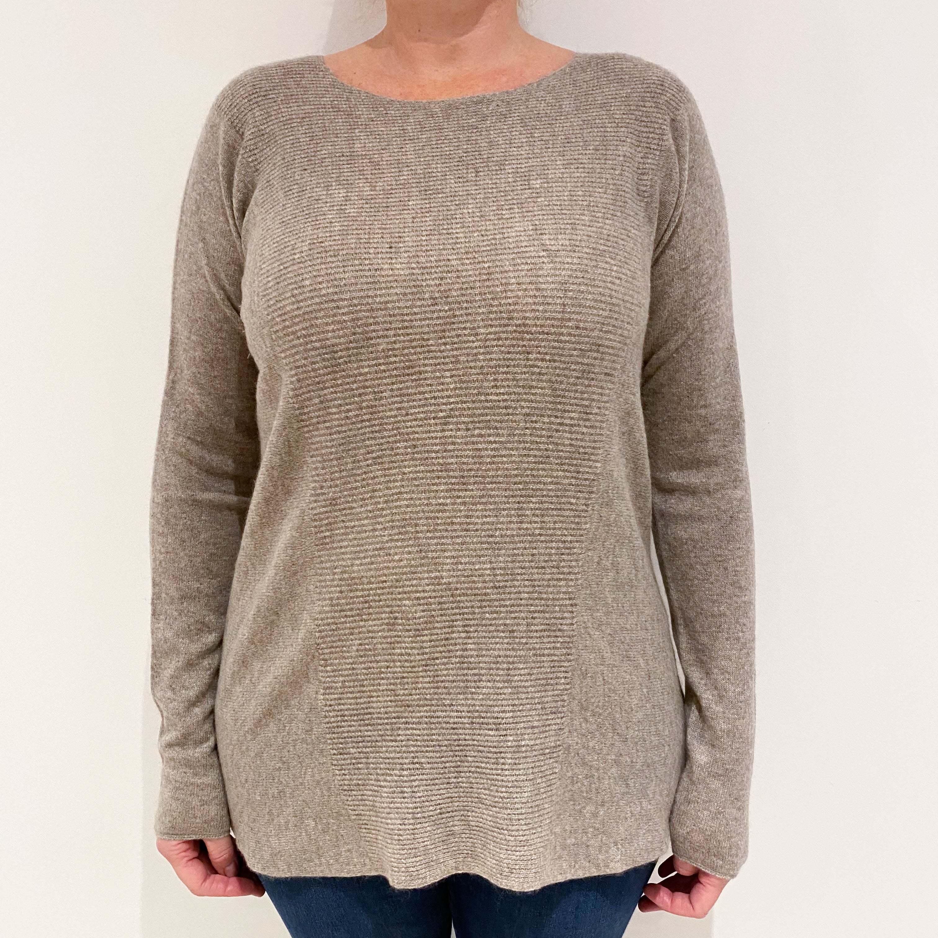 Taupe Brown Cashmere Crew Neck Jumper Large