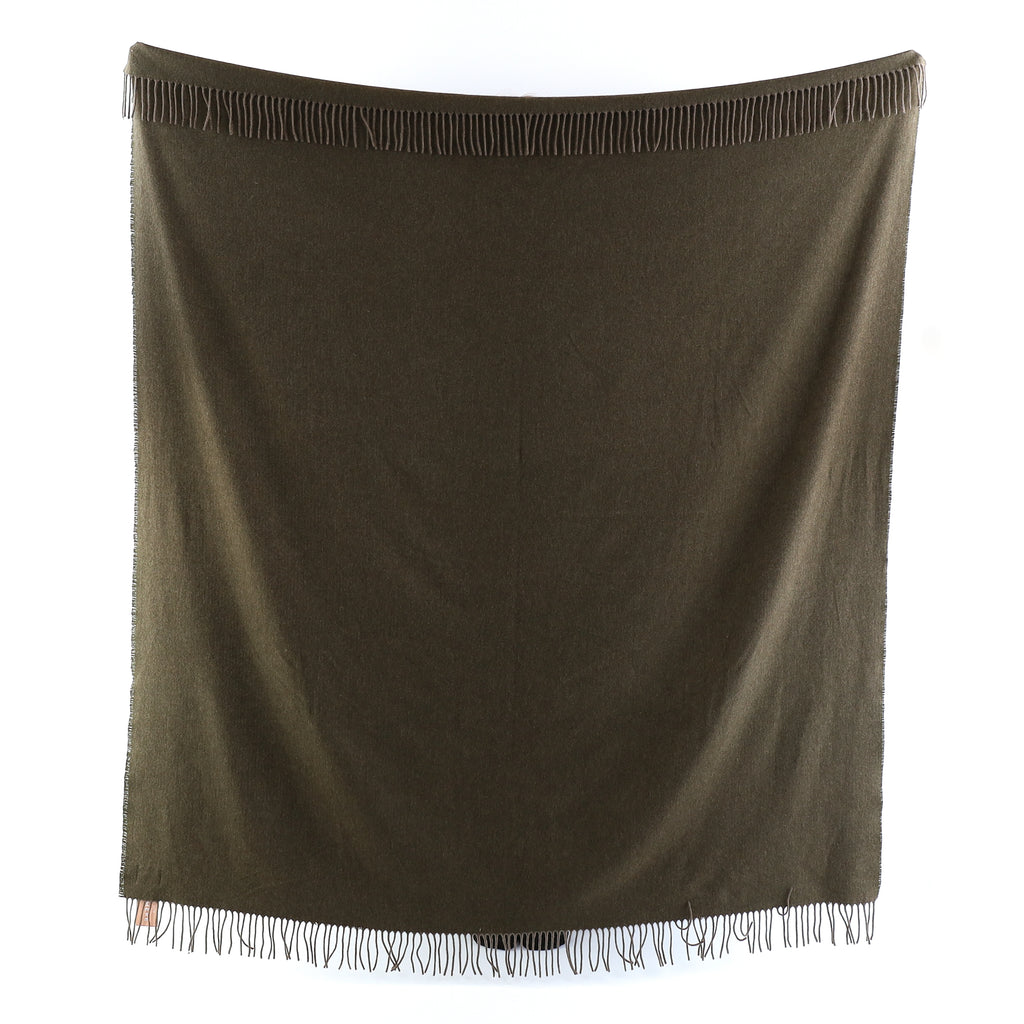 Brand New English Deep Khaki and Mocha Herringbone Luxury Woven Cashmere Blanket
