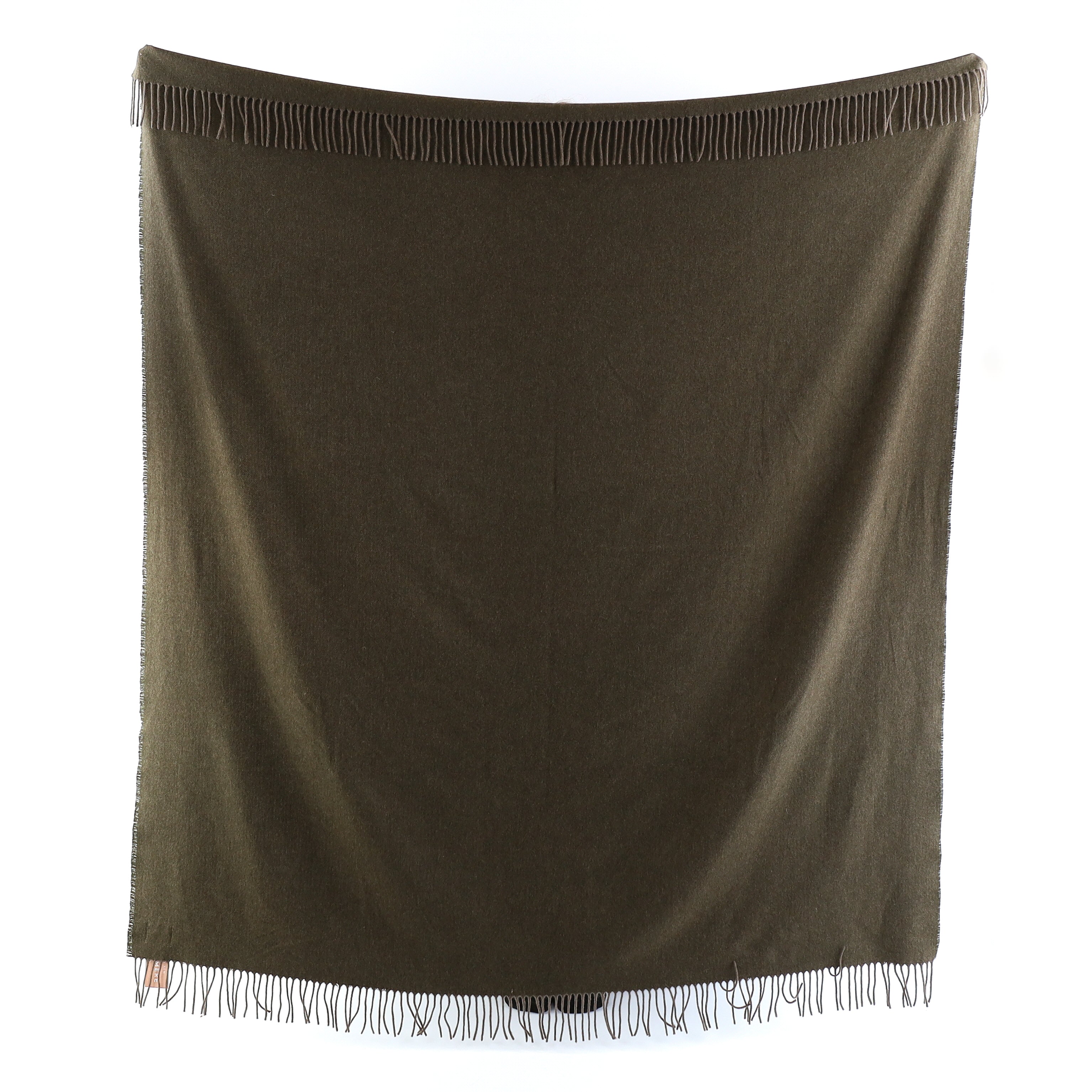 Brand New English Deep Khaki and Mocha Herringbone Luxury Woven Cashmere Blanket