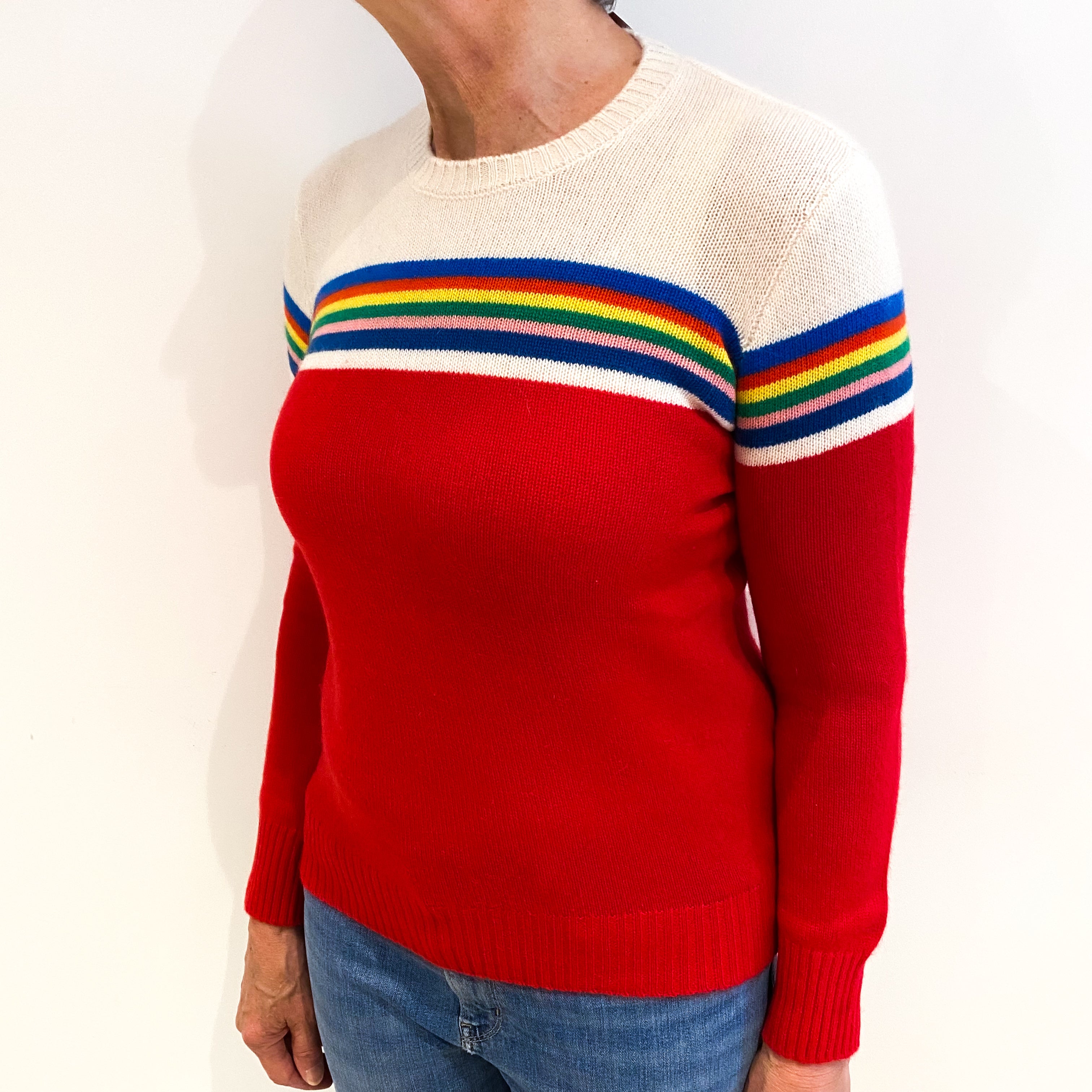 Vanilla and Red Rainbow Cashmere Crew Neck Jumper Medium