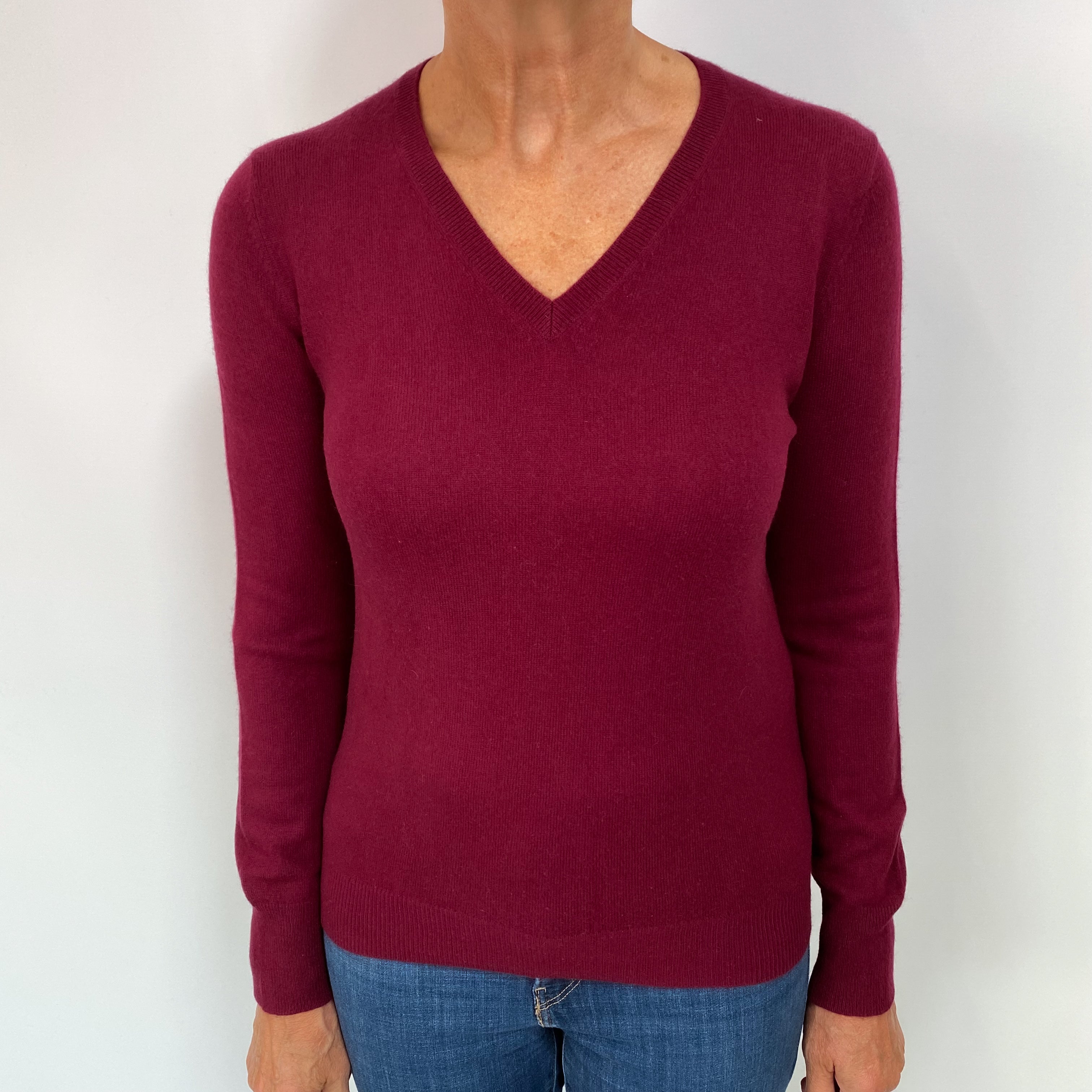Burgundy Red Cashmere V Neck Jumper Medium