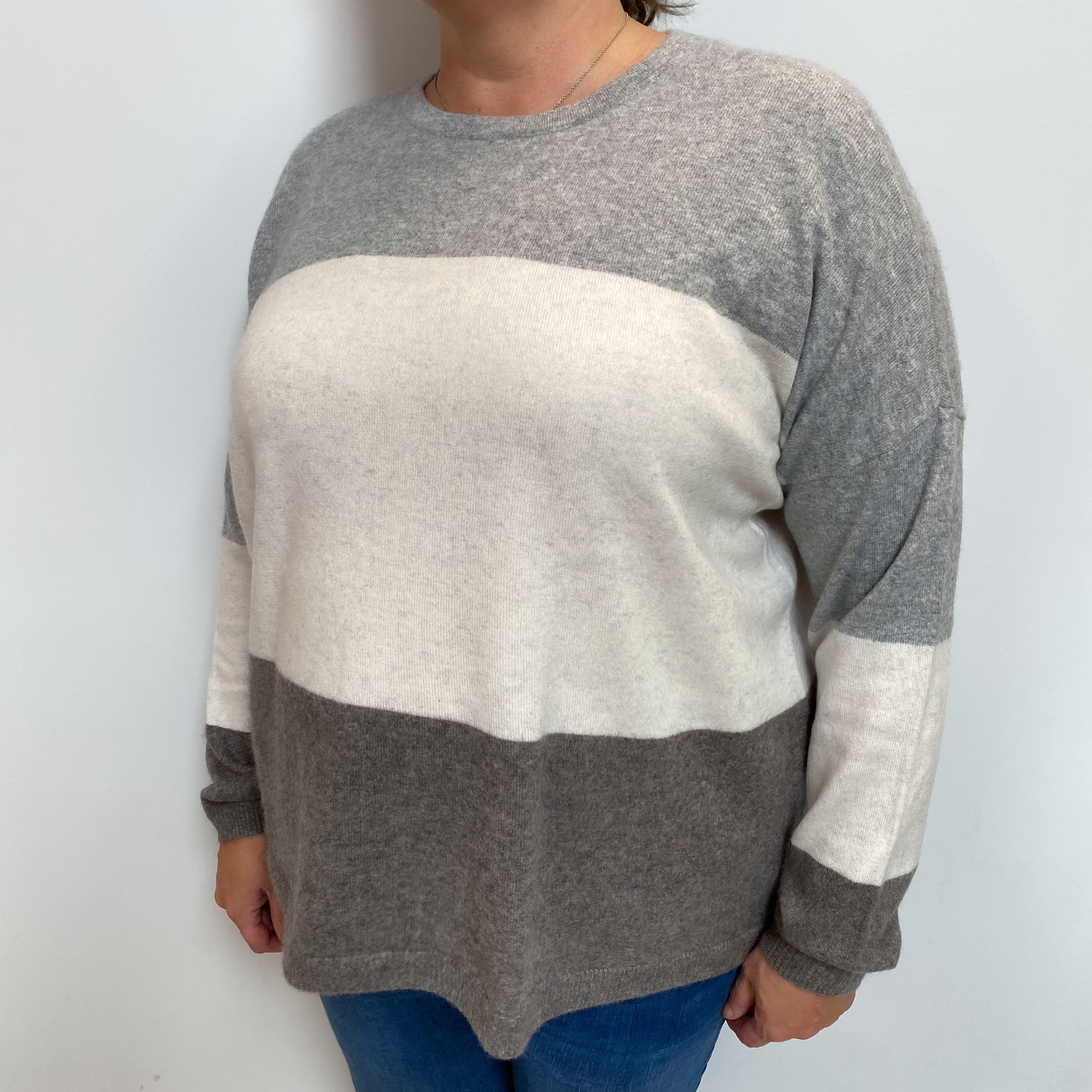 Cream Grey Colour Block Cashmere Crew Neck Jumper Extra Large
