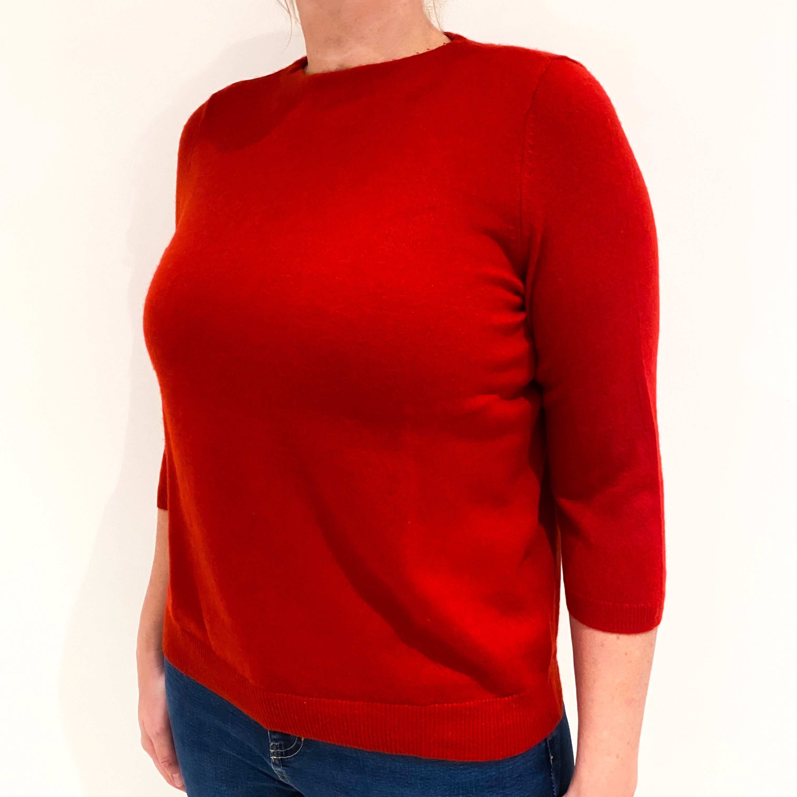 Post Box Red 3/4 Sleeve Cashmere Crew Neck Jumper Large
