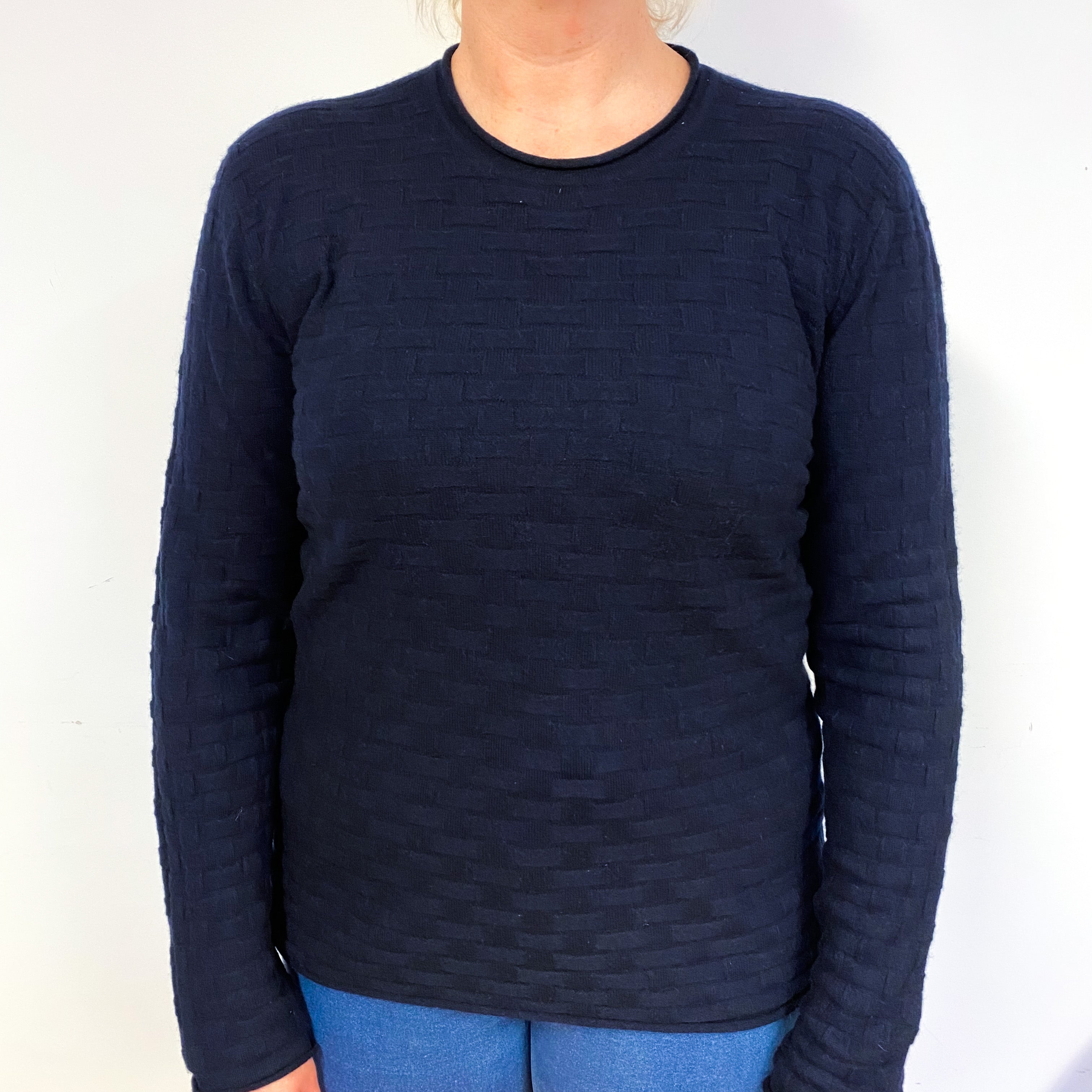 Armani Navy Blue Basket Weave Cashmere Crew Neck Jumper Large