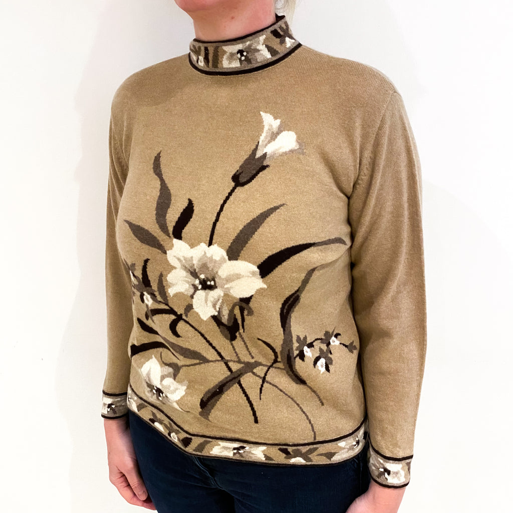 Caramel Brown Floral Cashmere Turtle Neck Jumper Large