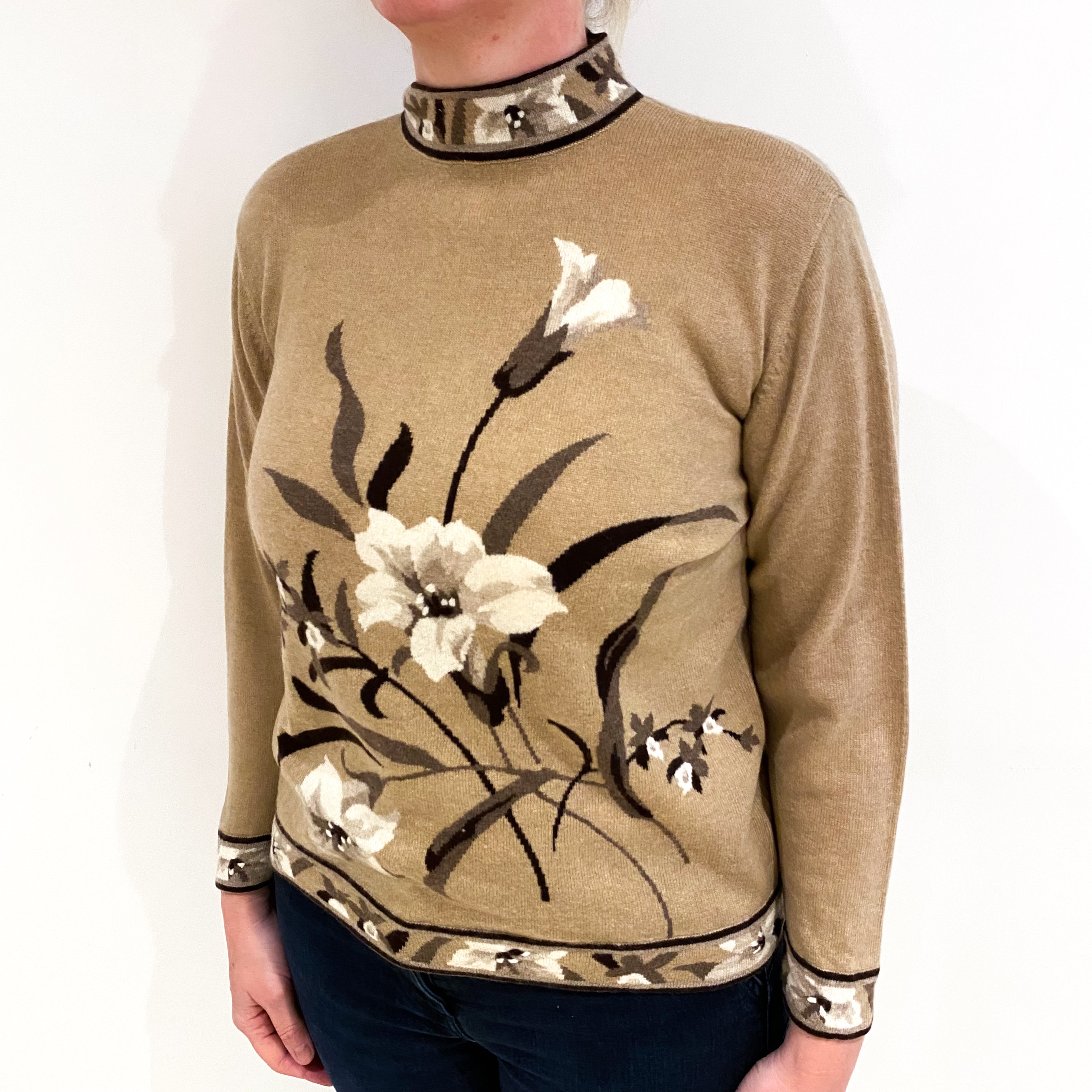Caramel Brown Floral Cashmere Turtle Neck Jumper Large