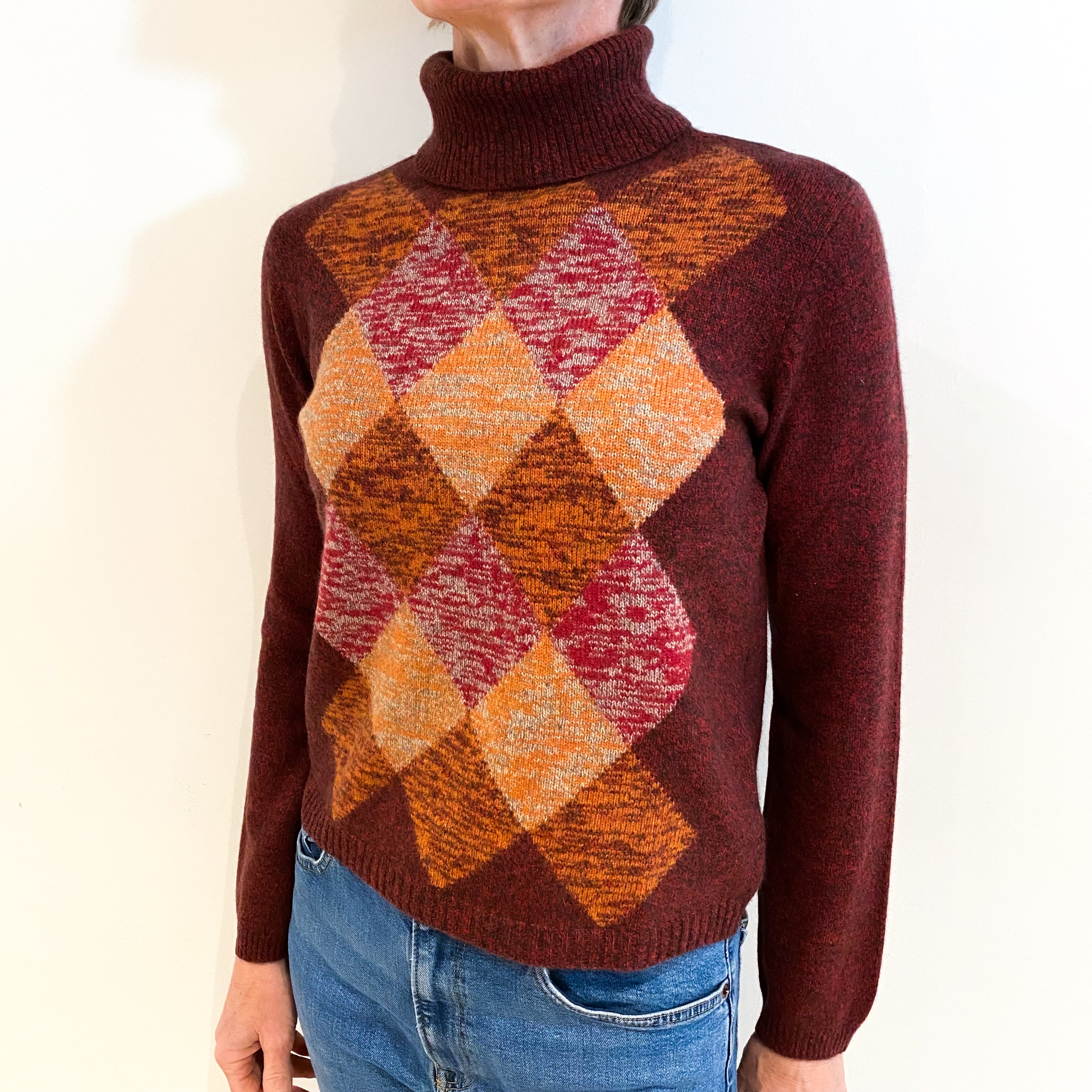 Red Marl Diamond Cashmere Polo Neck Jumper Small